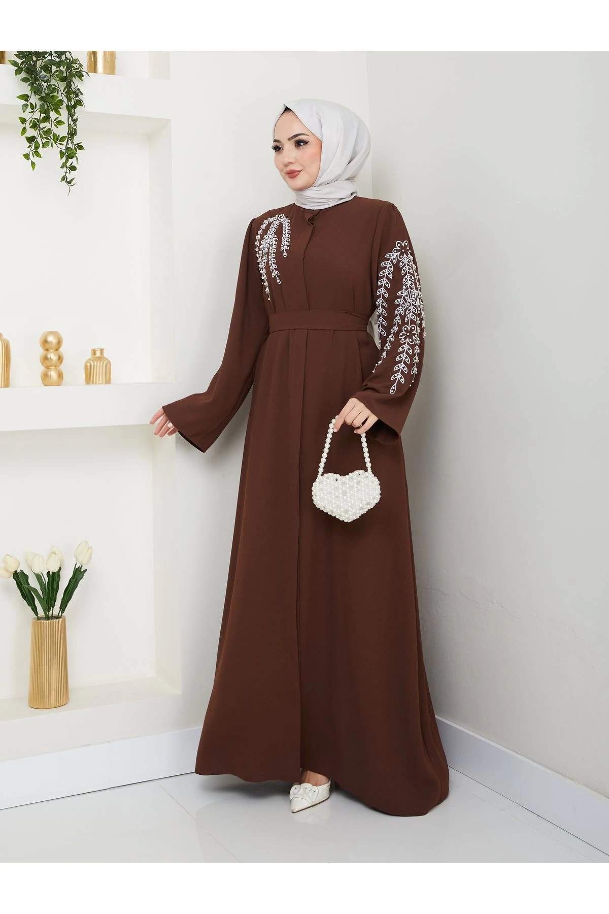 TAŞLİ ABAYA TESETTÜR GIYIM KADIN FERACE ELBISE KAHVE