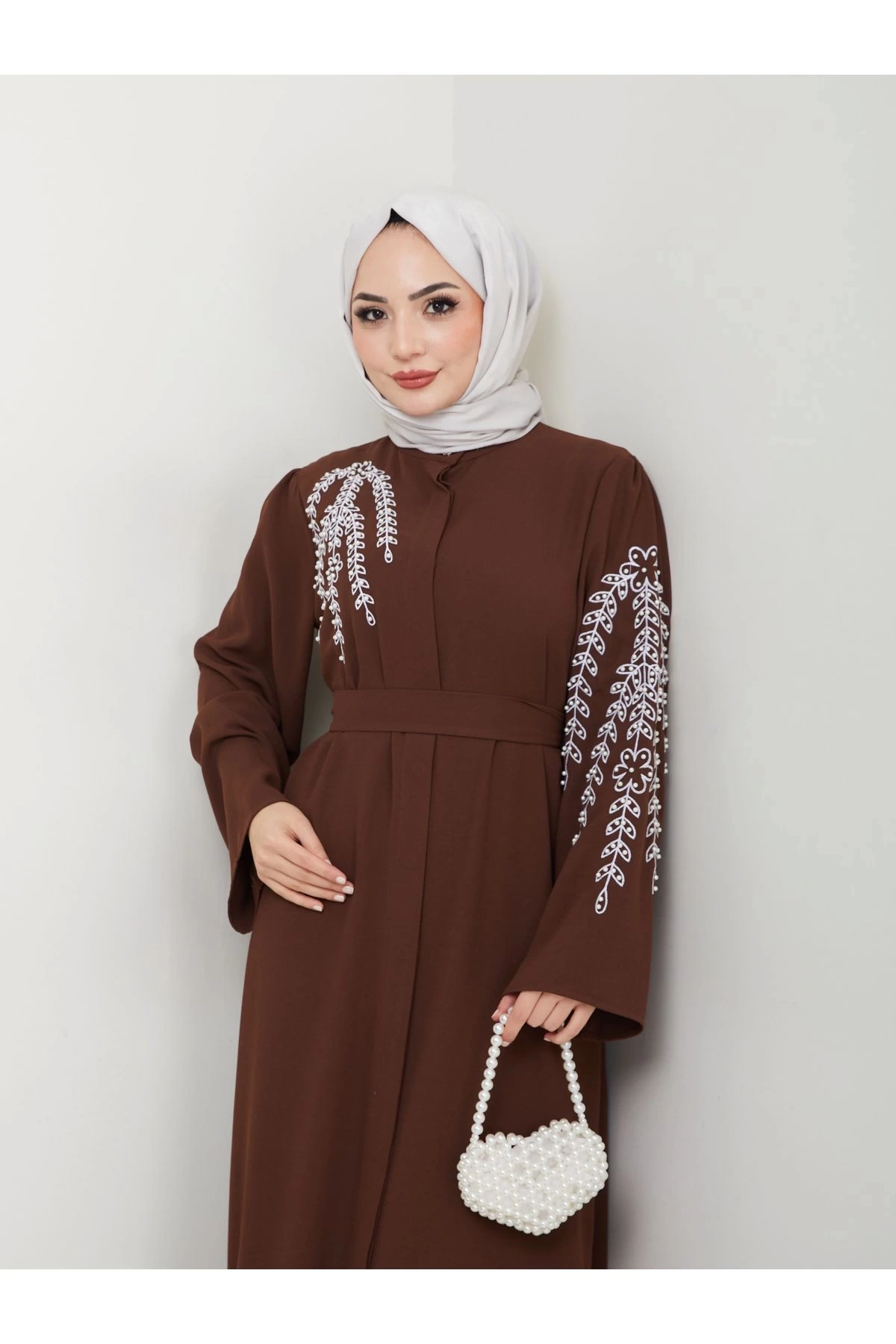 TAŞLİ ABAYA TESETTÜR GIYIM KADIN FERACE ELBISE KAHVE