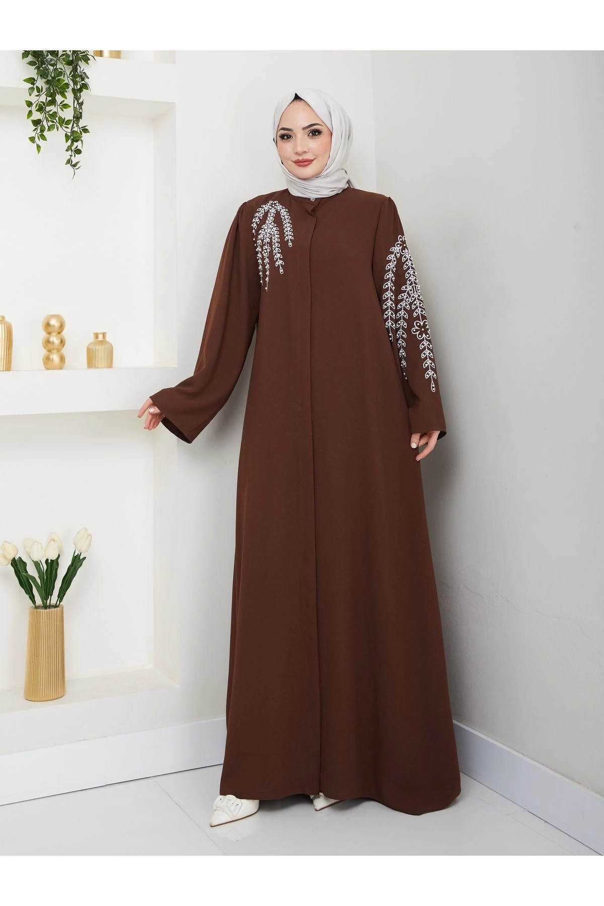 TAŞLİ ABAYA TESETTÜR GIYIM KADIN FERACE ELBISE KAHVE