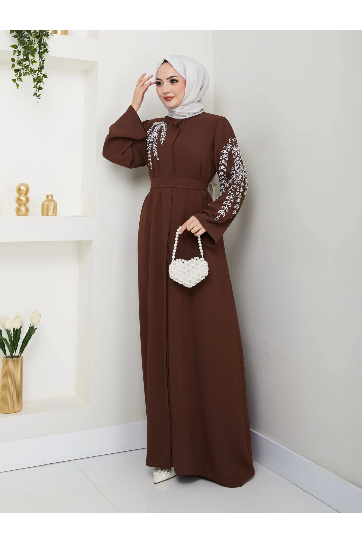 TAŞLİ ABAYA TESETTÜR GIYIM KADIN FERACE ELBISE KAHVE