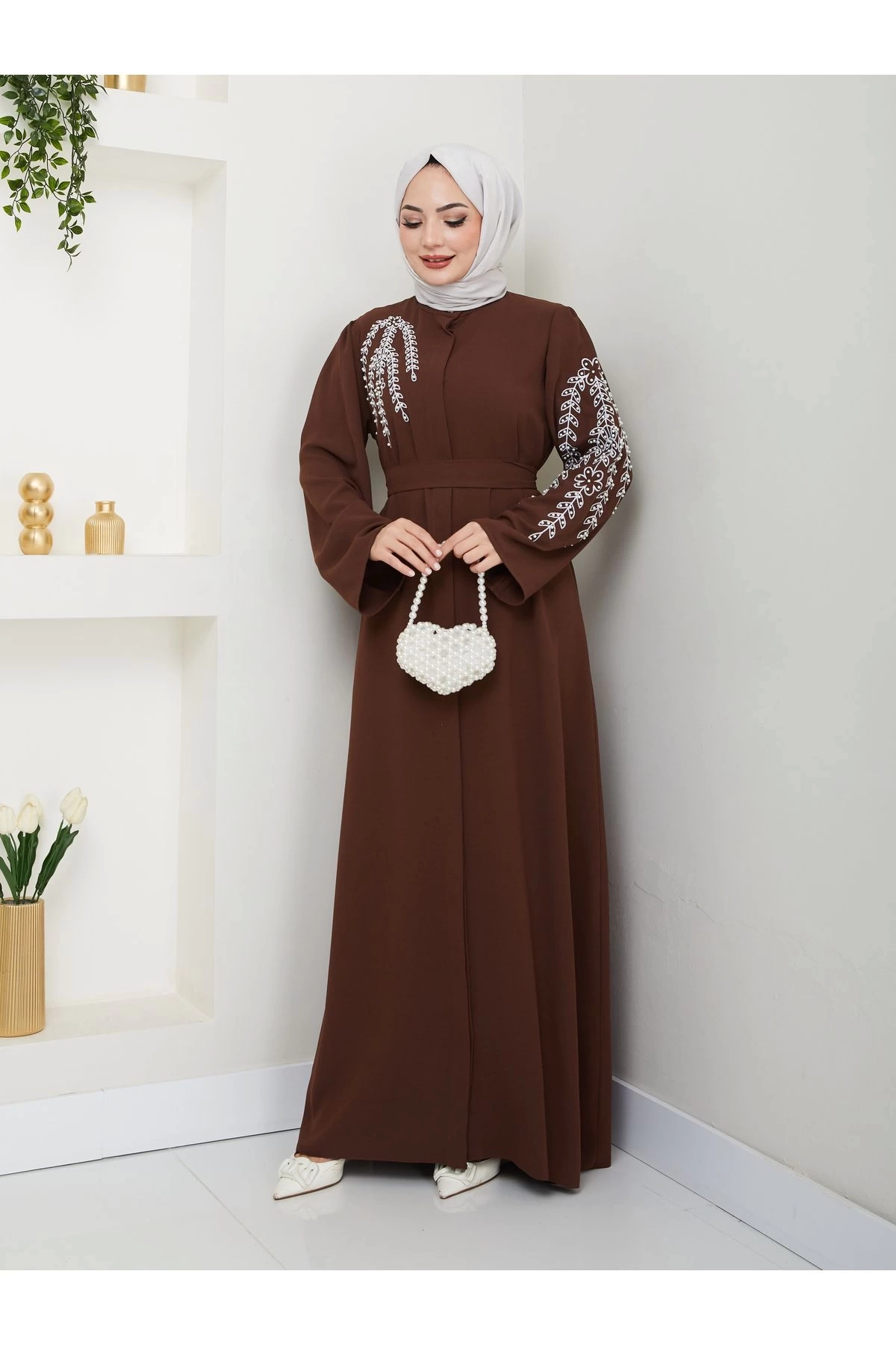 TAŞLİ ABAYA TESETTÜR GIYIM KADIN FERACE ELBISE KAHVE