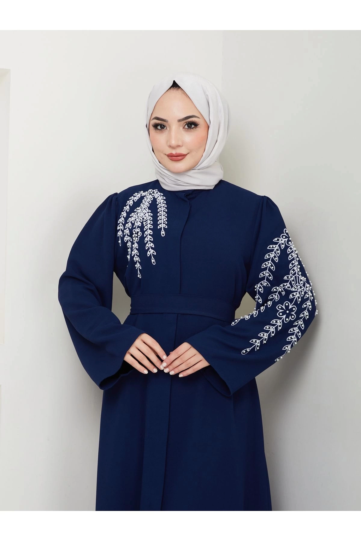 TAŞLİ ABAYA TESETTÜR GIYIM KADIN FERACE ELBISE LACIVERT
