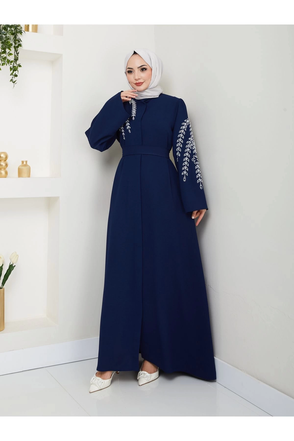 TAŞLİ ABAYA TESETTÜR GIYIM KADIN FERACE ELBISE LACIVERT