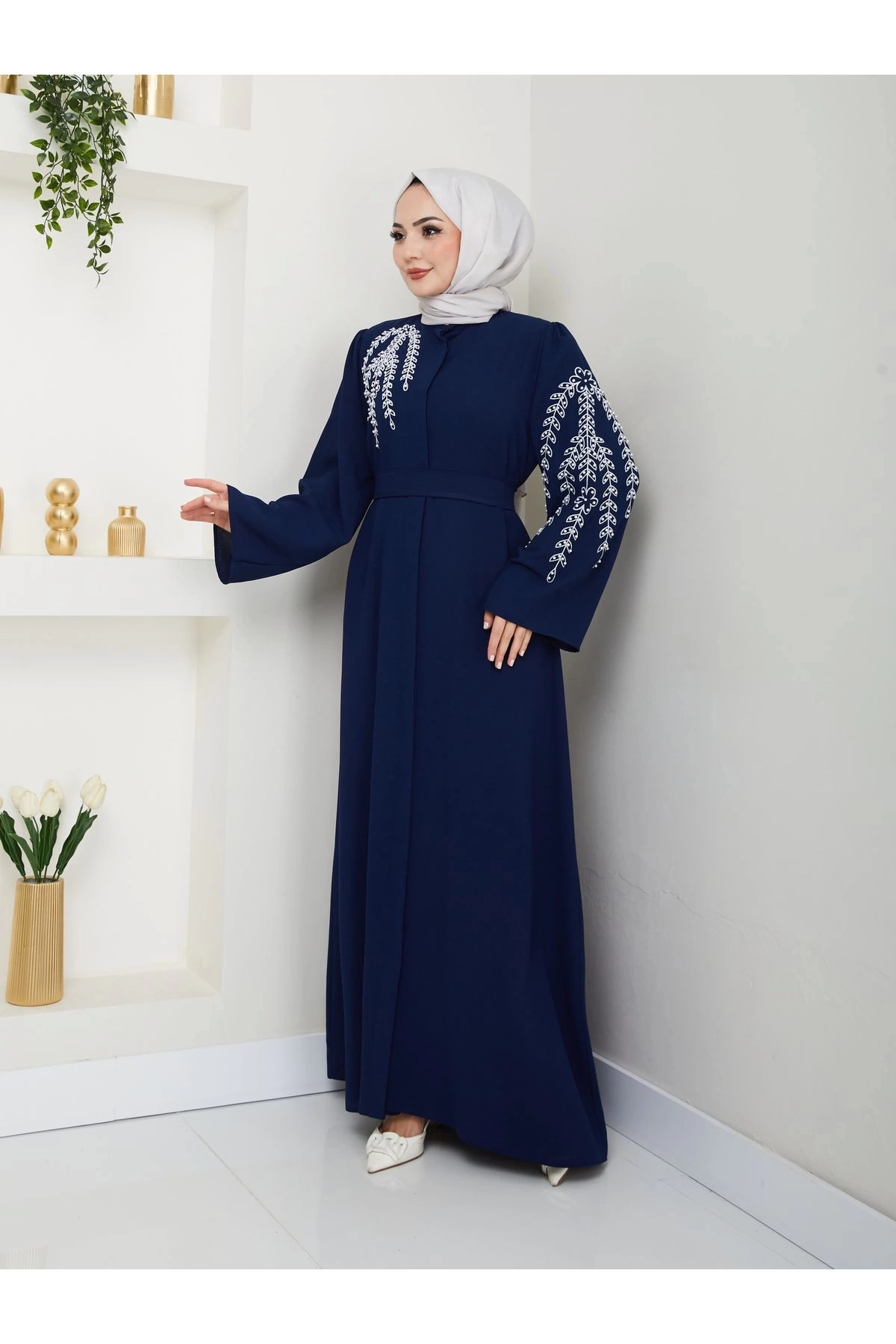 TAŞLİ ABAYA TESETTÜR GIYIM KADIN FERACE ELBISE LACIVERT