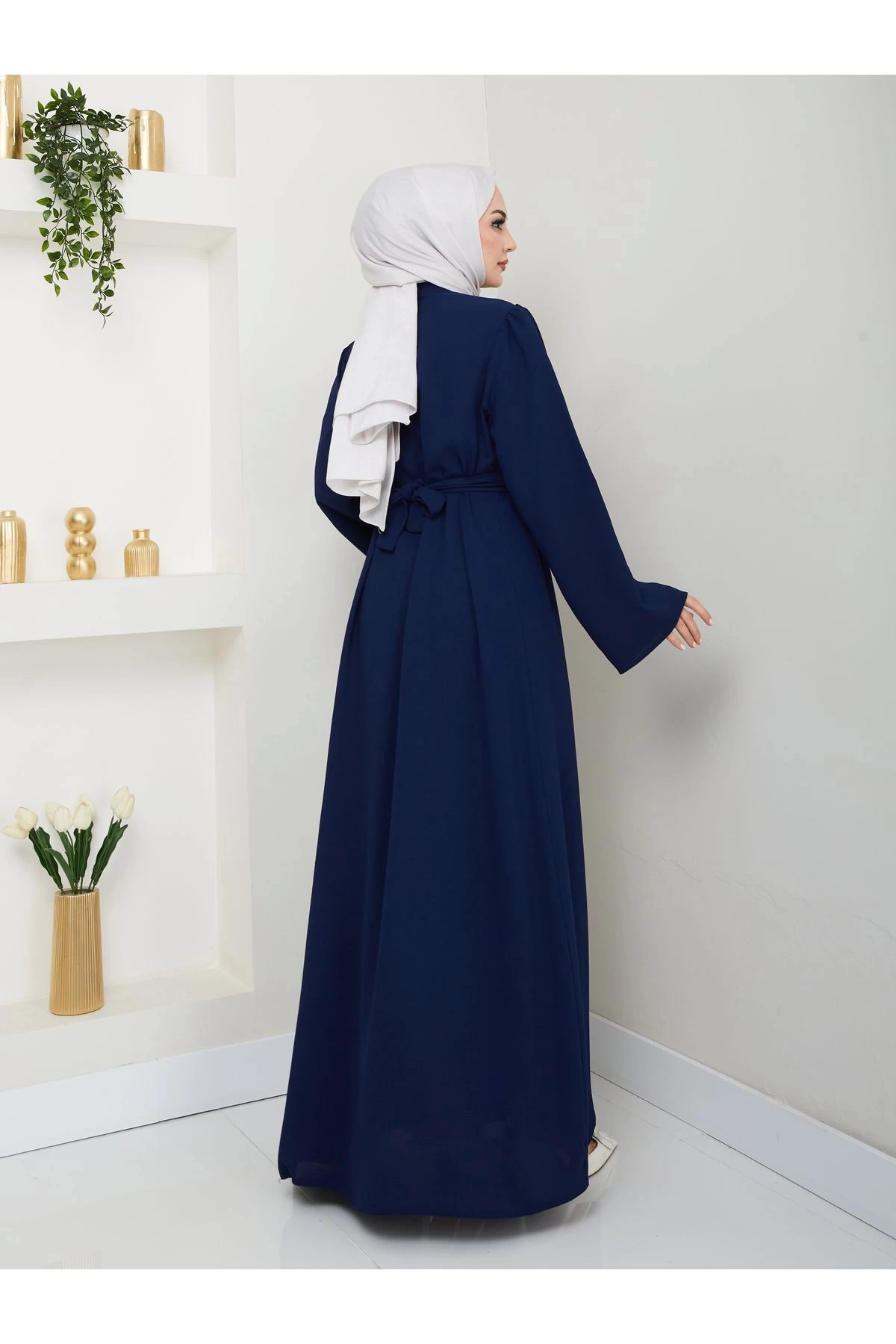 TAŞLİ ABAYA TESETTÜR GIYIM KADIN FERACE ELBISE LACIVERT