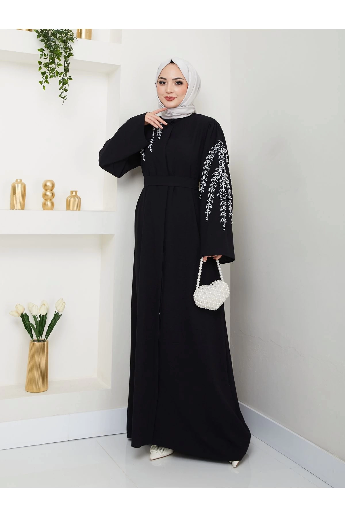 TAŞLİ ABAYA TESETTÜR GIYIM KADIN FERACE ELBISE SİYAH