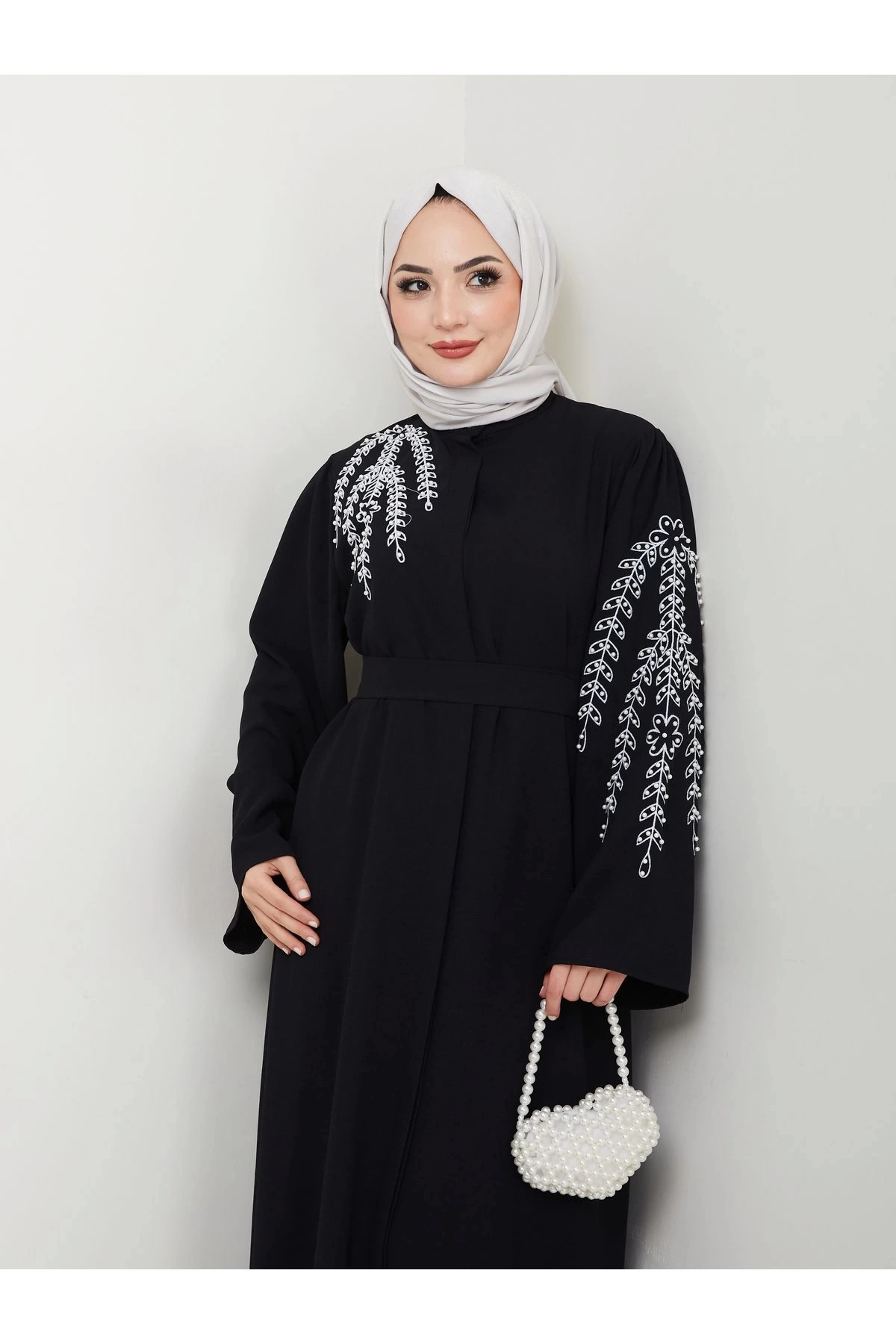 TAŞLİ ABAYA TESETTÜR GIYIM KADIN FERACE ELBISE SİYAH