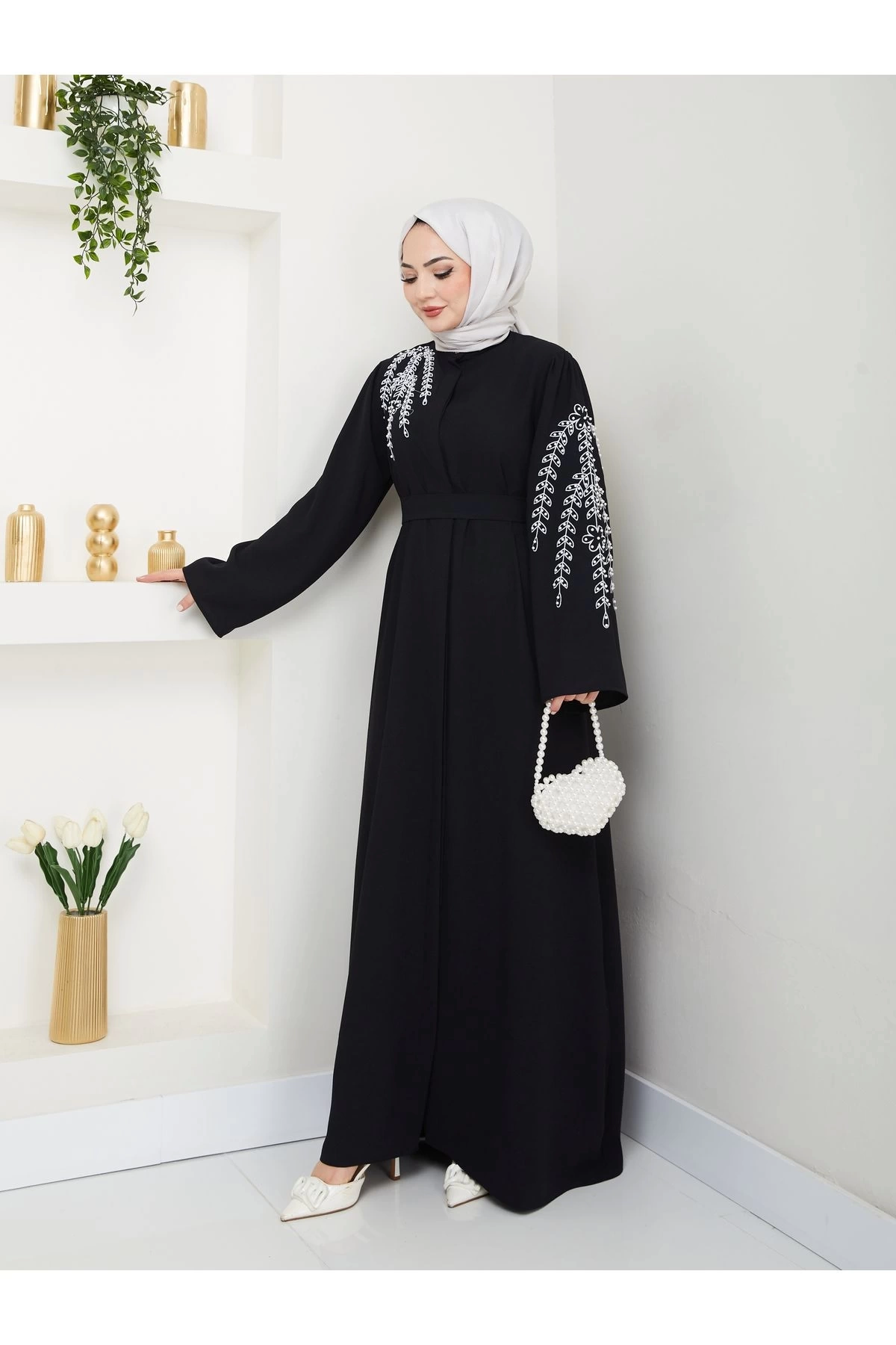 TAŞLİ ABAYA TESETTÜR GIYIM KADIN FERACE ELBISE SİYAH