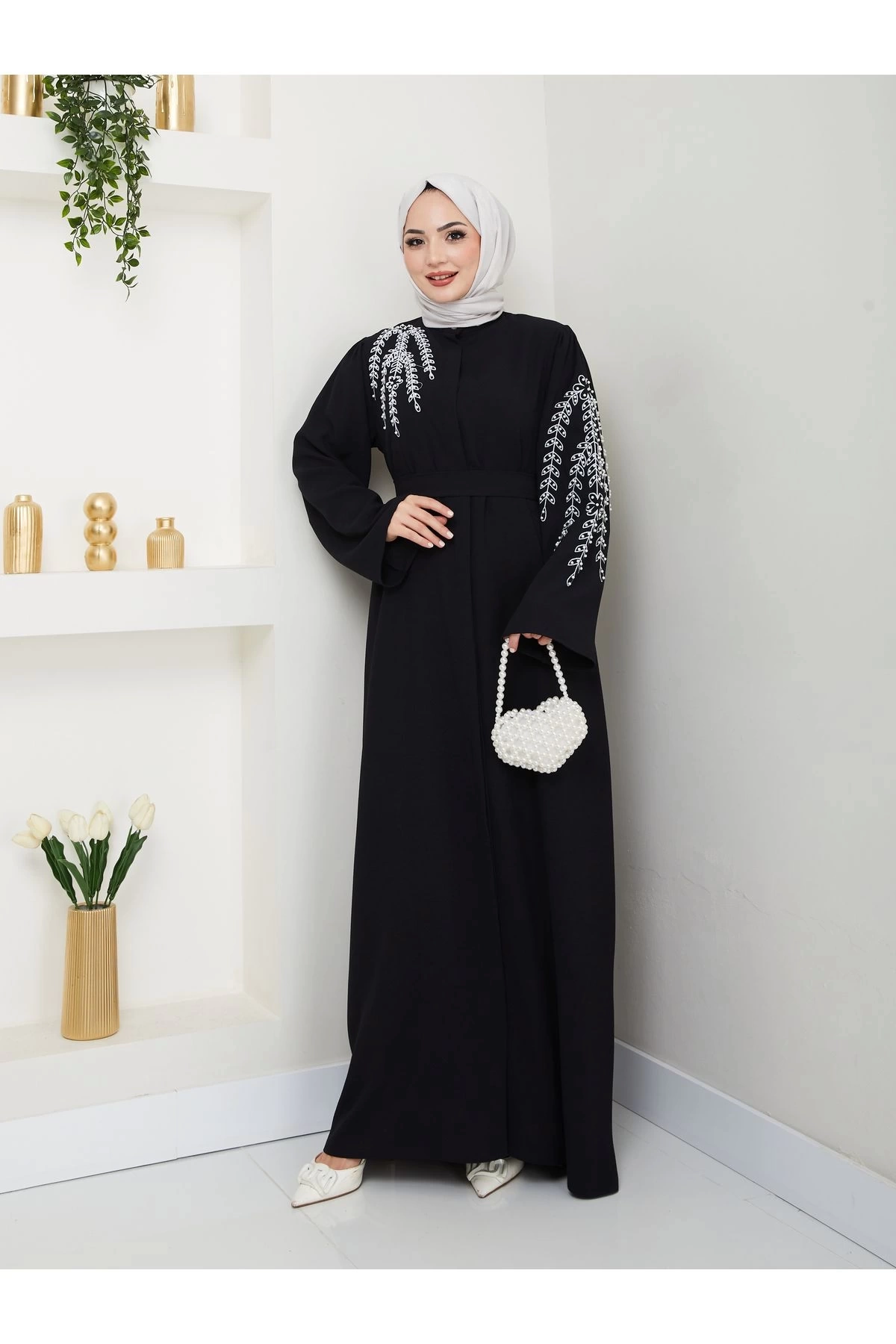 TAŞLİ ABAYA TESETTÜR GIYIM KADIN FERACE ELBISE SİYAH