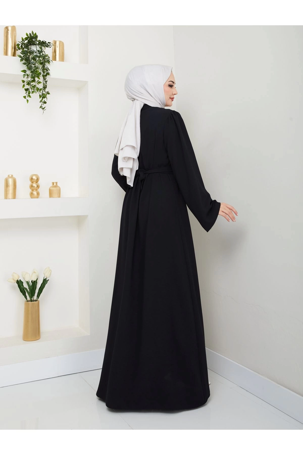 TAŞLİ ABAYA TESETTÜR GIYIM KADIN FERACE ELBISE SİYAH