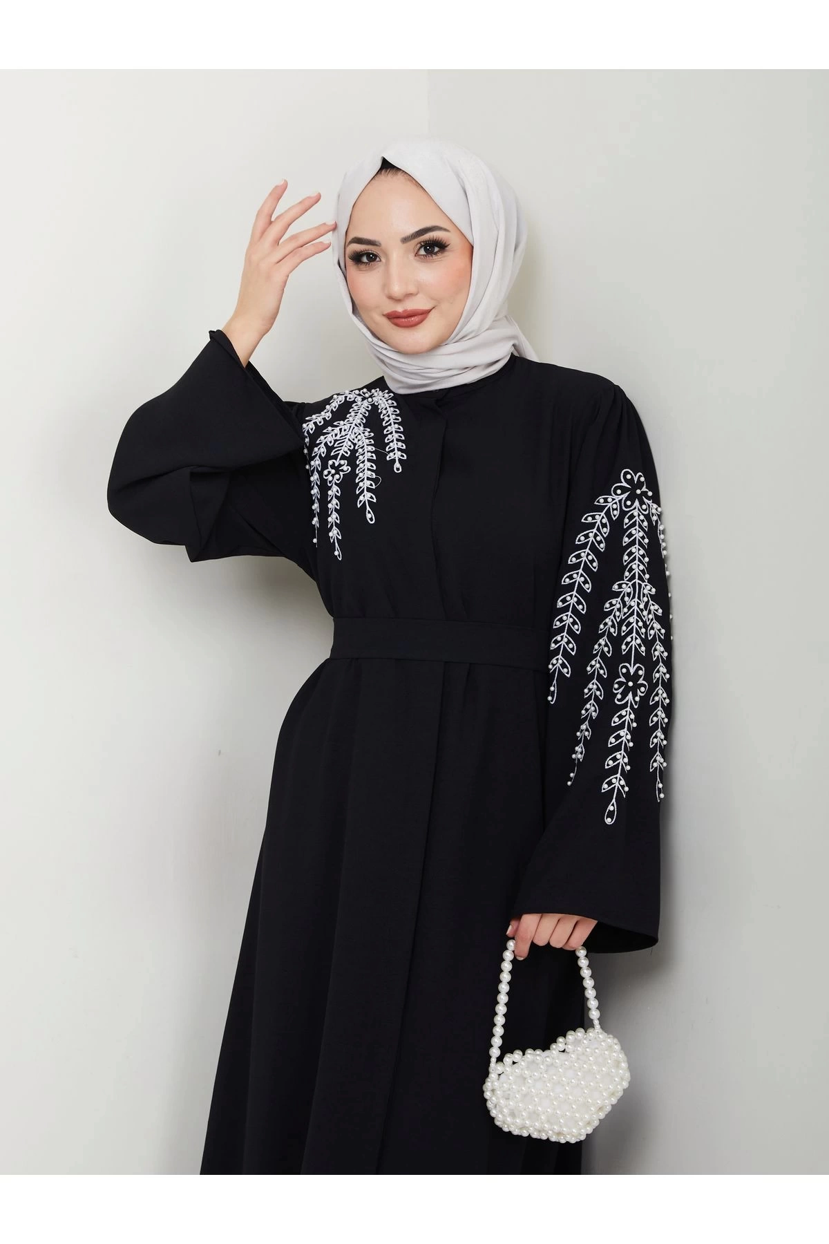TAŞLİ ABAYA TESETTÜR GIYIM KADIN FERACE ELBISE SİYAH