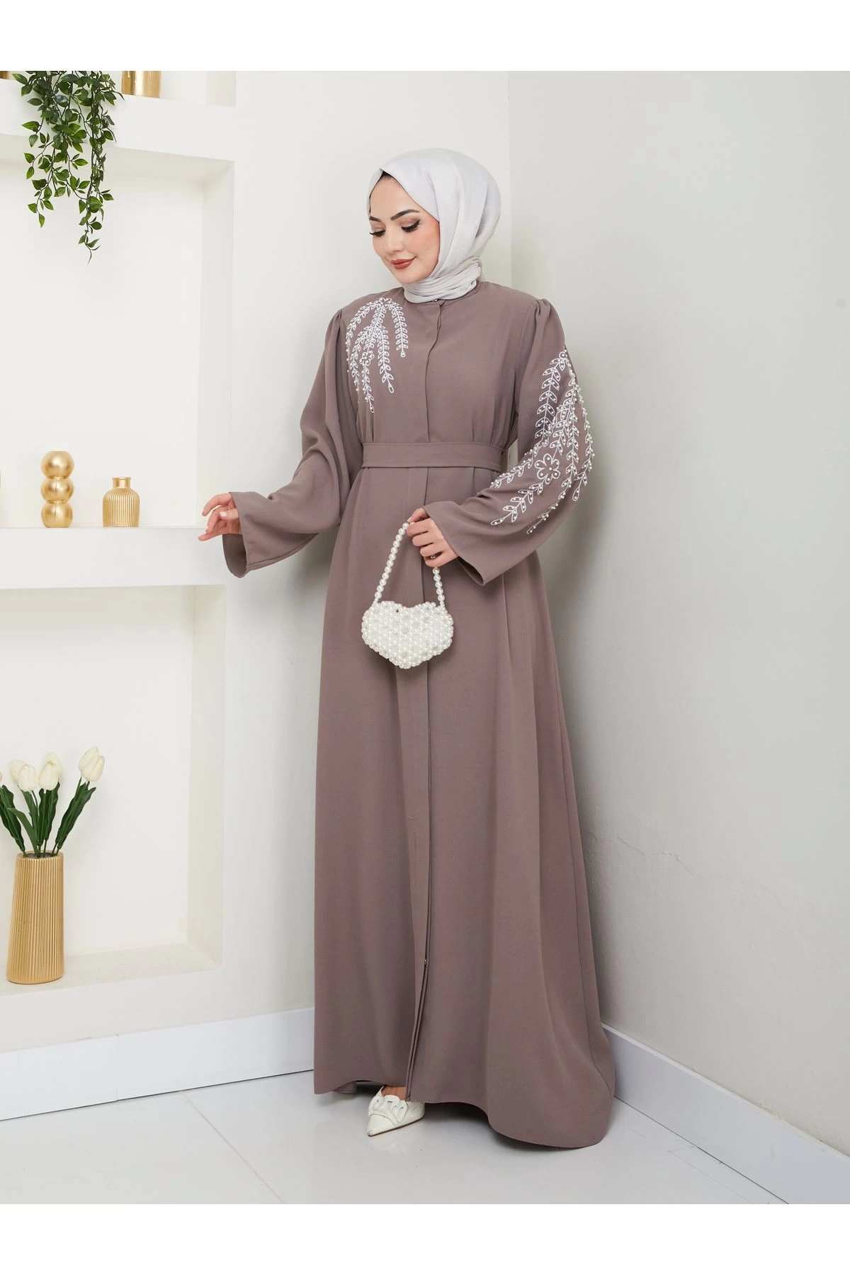TAŞLİ ABAYA TESETTÜR GIYIM KADIN FERACE ELBISE VİZON