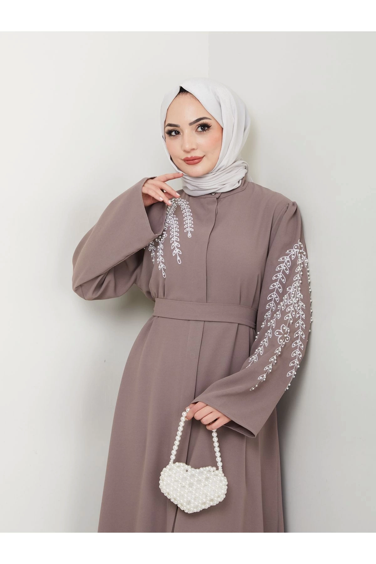 TAŞLİ ABAYA TESETTÜR GIYIM KADIN FERACE ELBISE VİZON