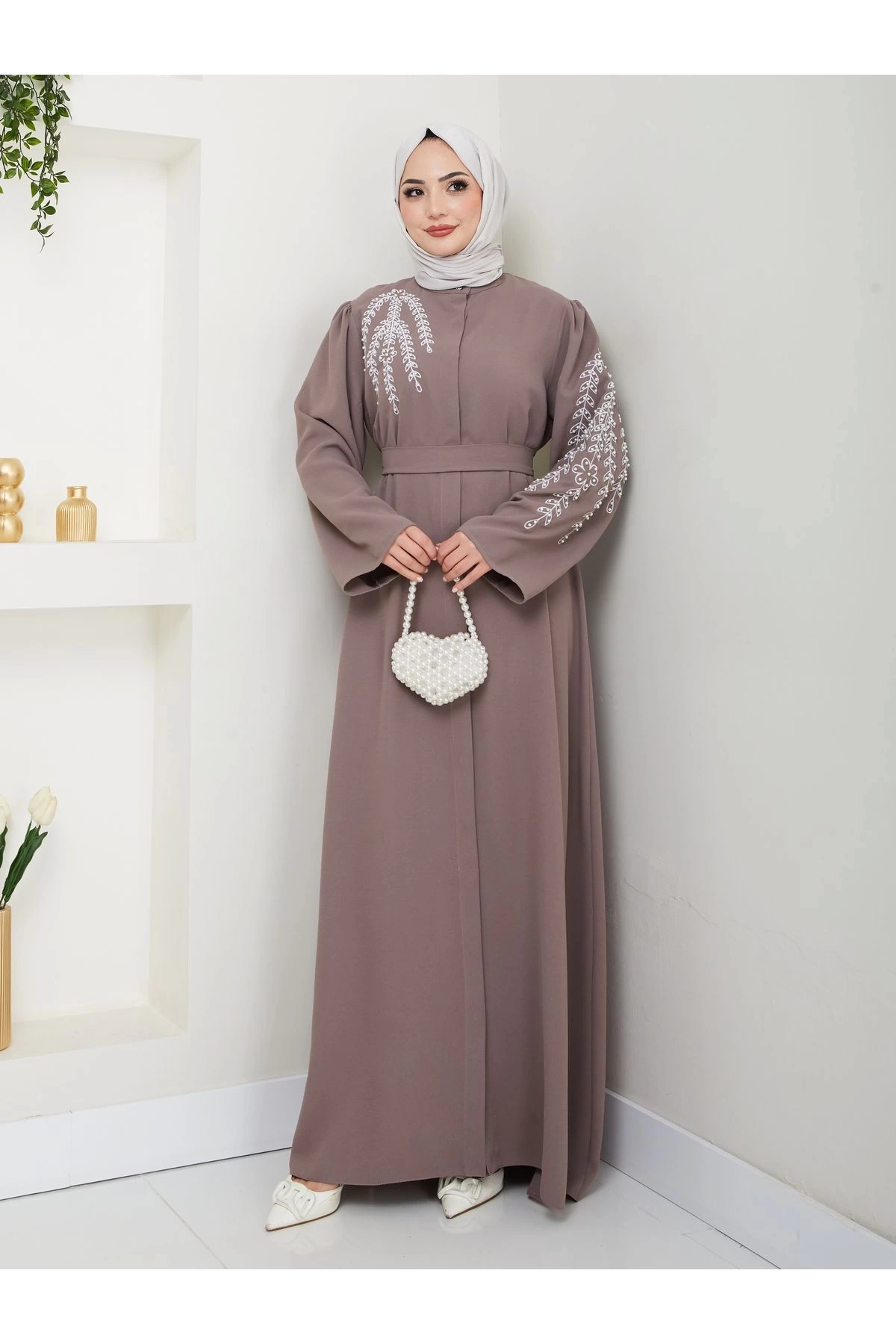 TAŞLİ ABAYA TESETTÜR GIYIM KADIN FERACE ELBISE VİZON