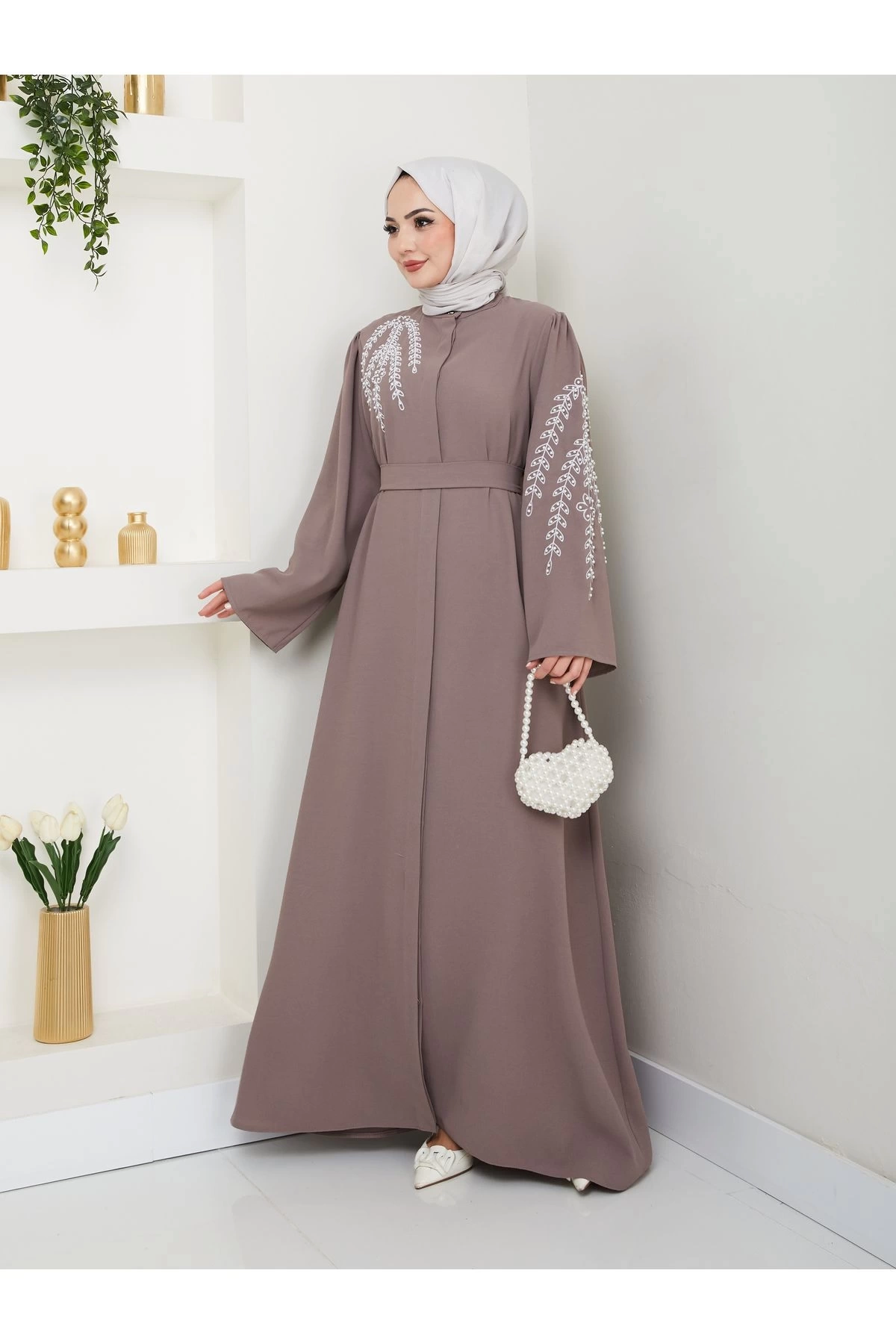 TAŞLİ ABAYA TESETTÜR GIYIM KADIN FERACE ELBISE VİZON