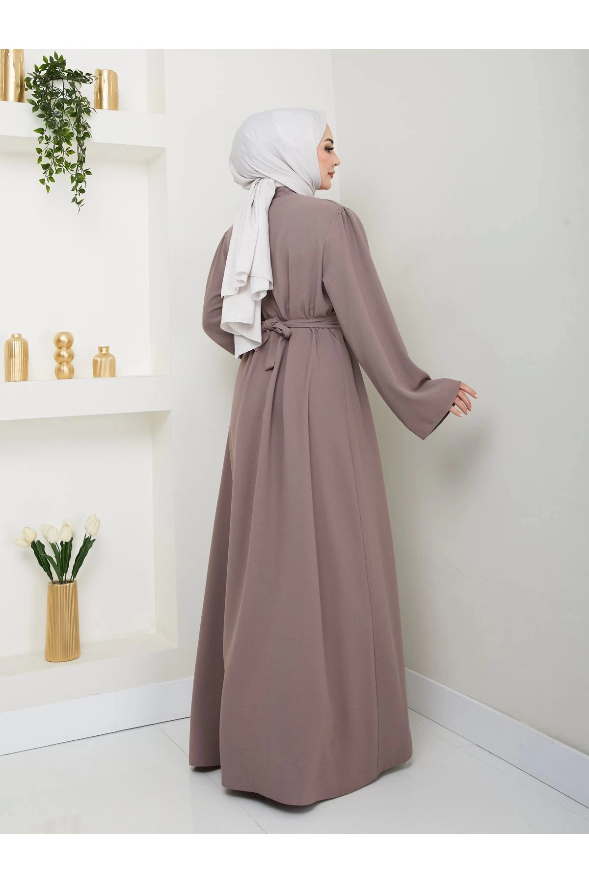 TAŞLİ ABAYA TESETTÜR GIYIM KADIN FERACE ELBISE VİZON