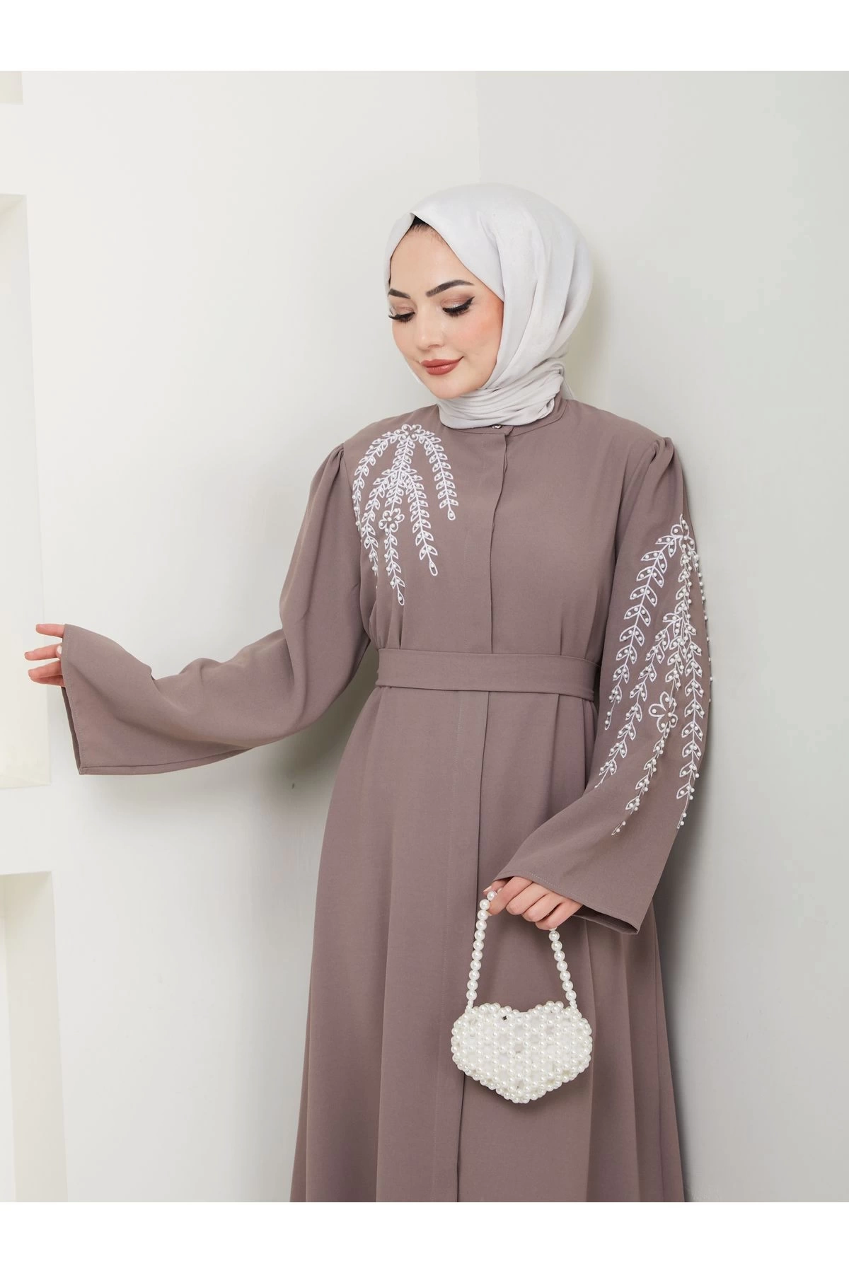TAŞLİ ABAYA TESETTÜR GIYIM KADIN FERACE ELBISE VİZON