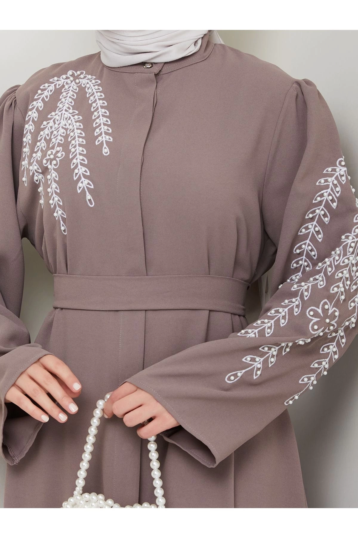 TAŞLİ ABAYA TESETTÜR GIYIM KADIN FERACE ELBISE VİZON