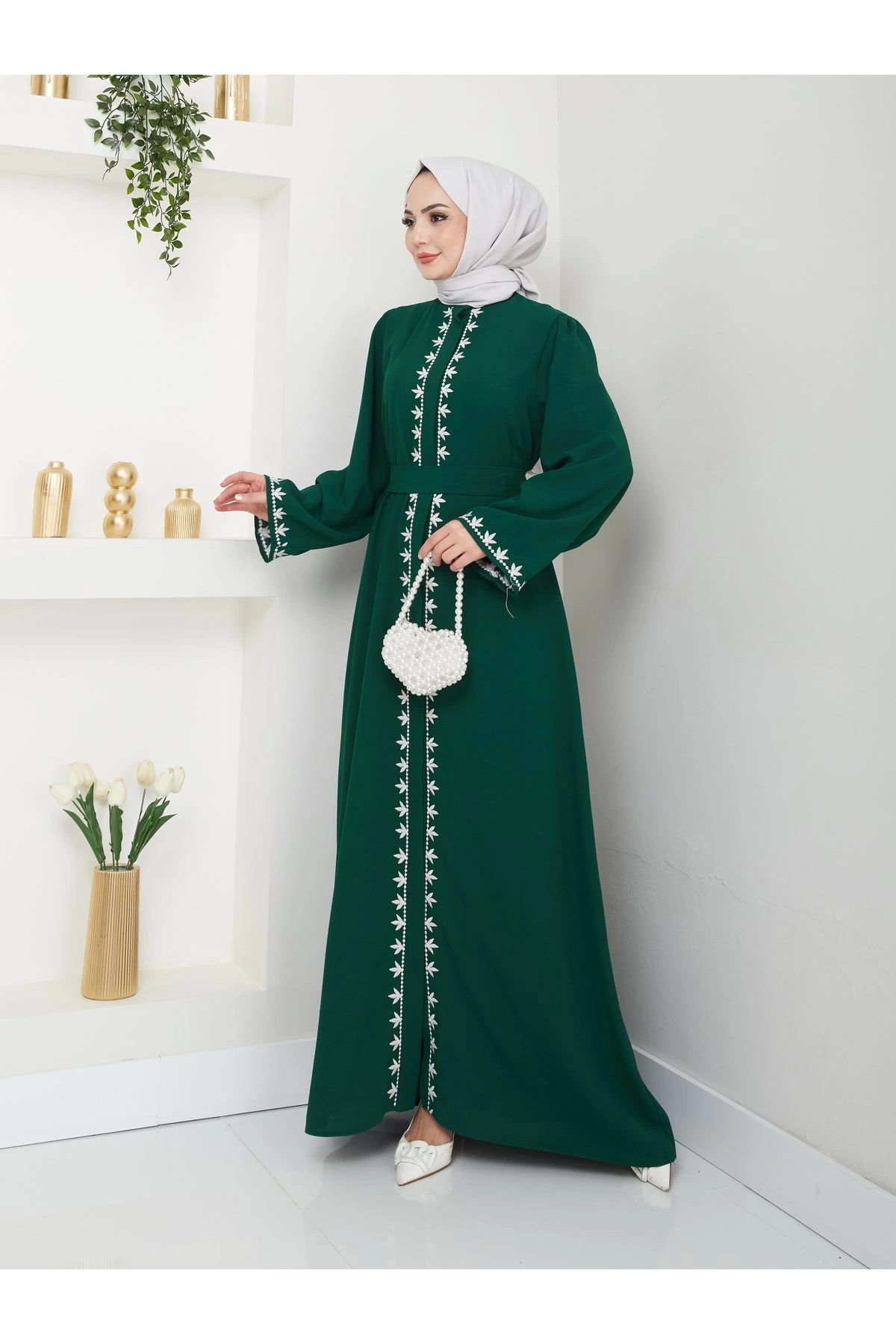 NAKIŞLI ABAYA TESETTÜR GIYIM KADIN FERACE ELBISE ZÜMRÜT