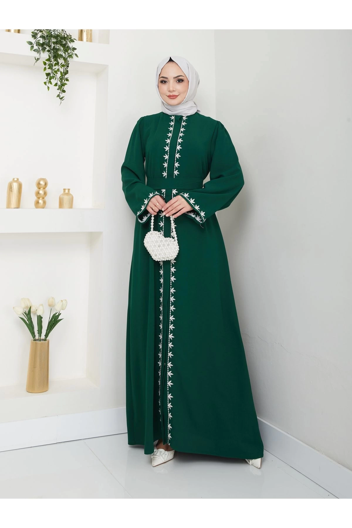 NAKIŞLI ABAYA TESETTÜR GIYIM KADIN FERACE ELBISE ZÜMRÜT