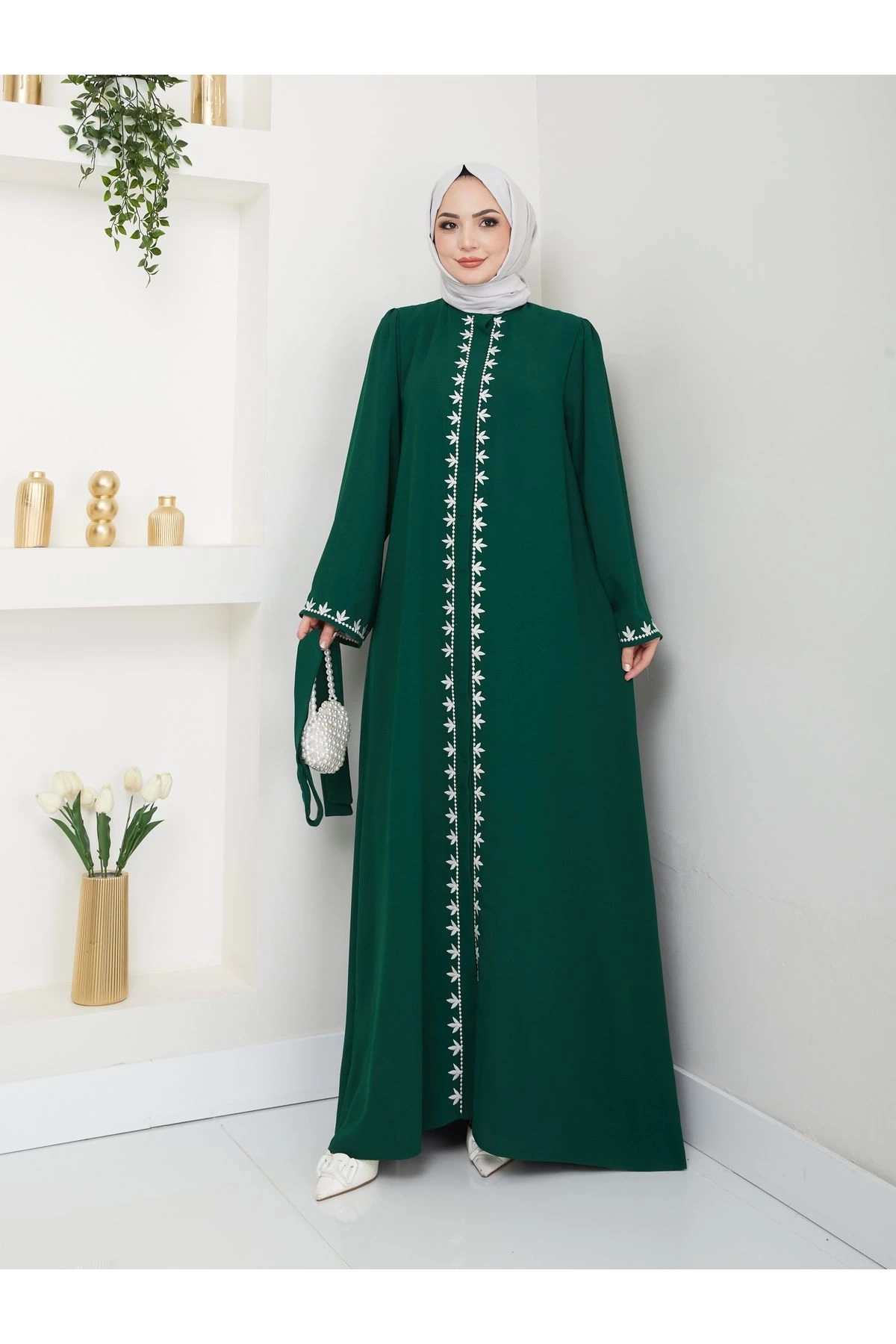NAKIŞLI ABAYA TESETTÜR GIYIM KADIN FERACE ELBISE ZÜMRÜT