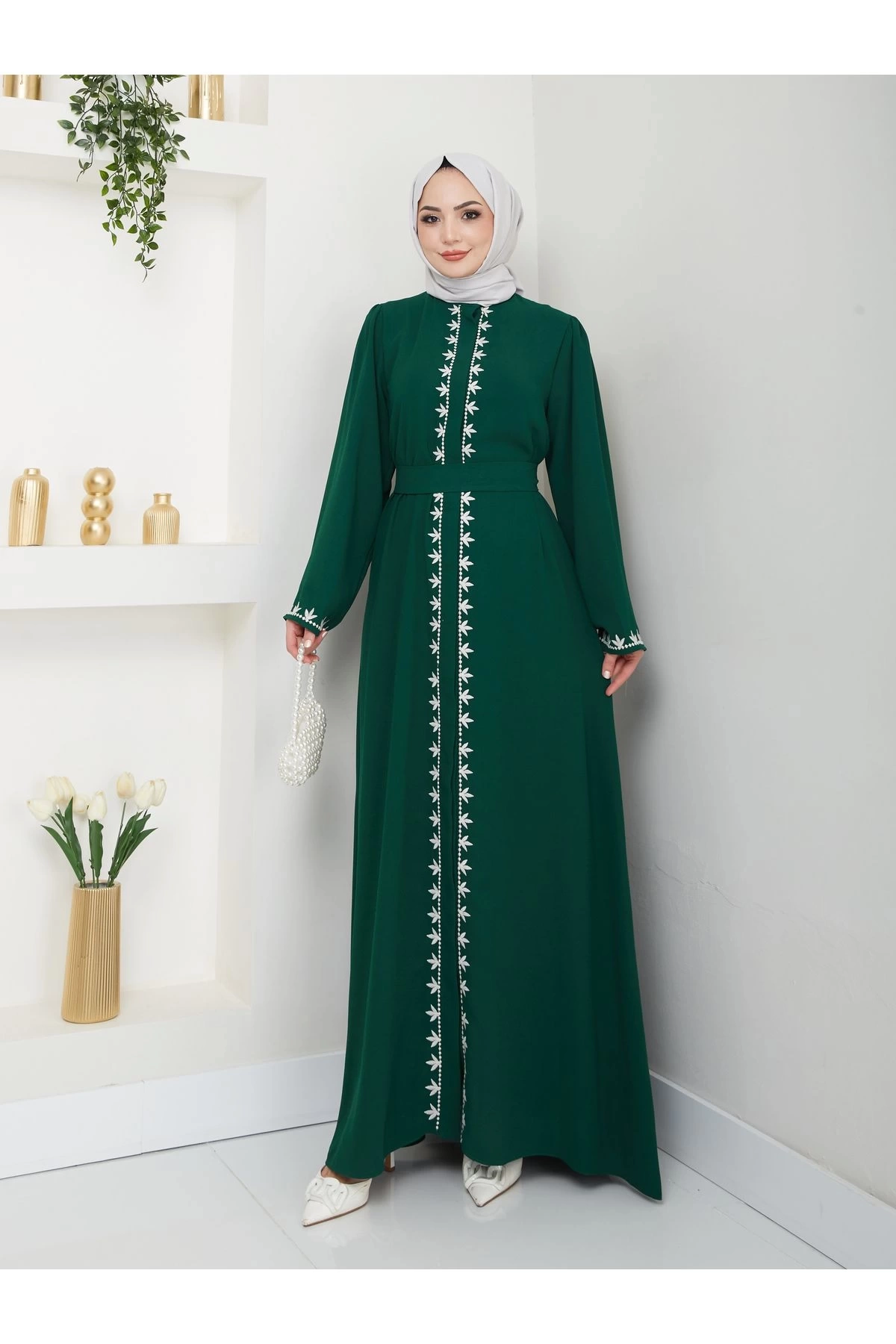 NAKIŞLI ABAYA TESETTÜR GIYIM KADIN FERACE ELBISE ZÜMRÜT