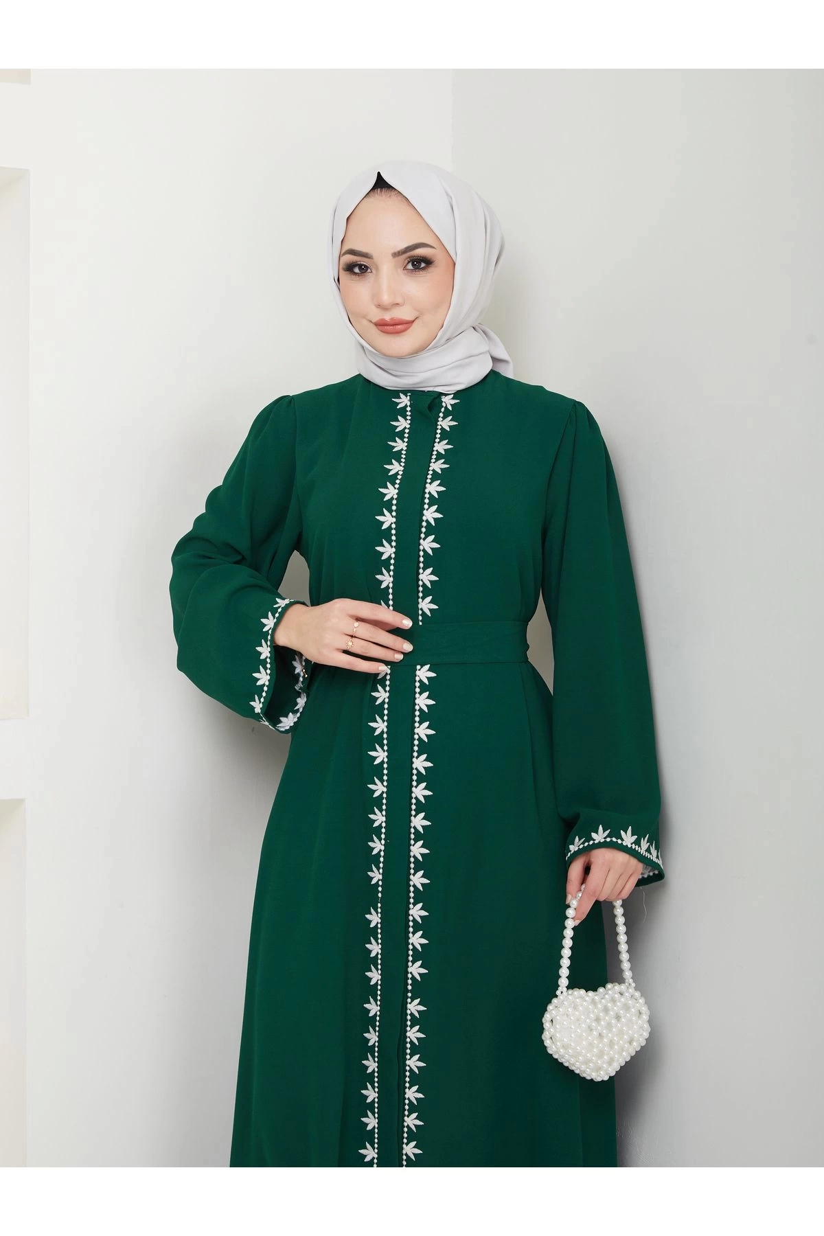 NAKIŞLI ABAYA TESETTÜR GIYIM KADIN FERACE ELBISE ZÜMRÜT