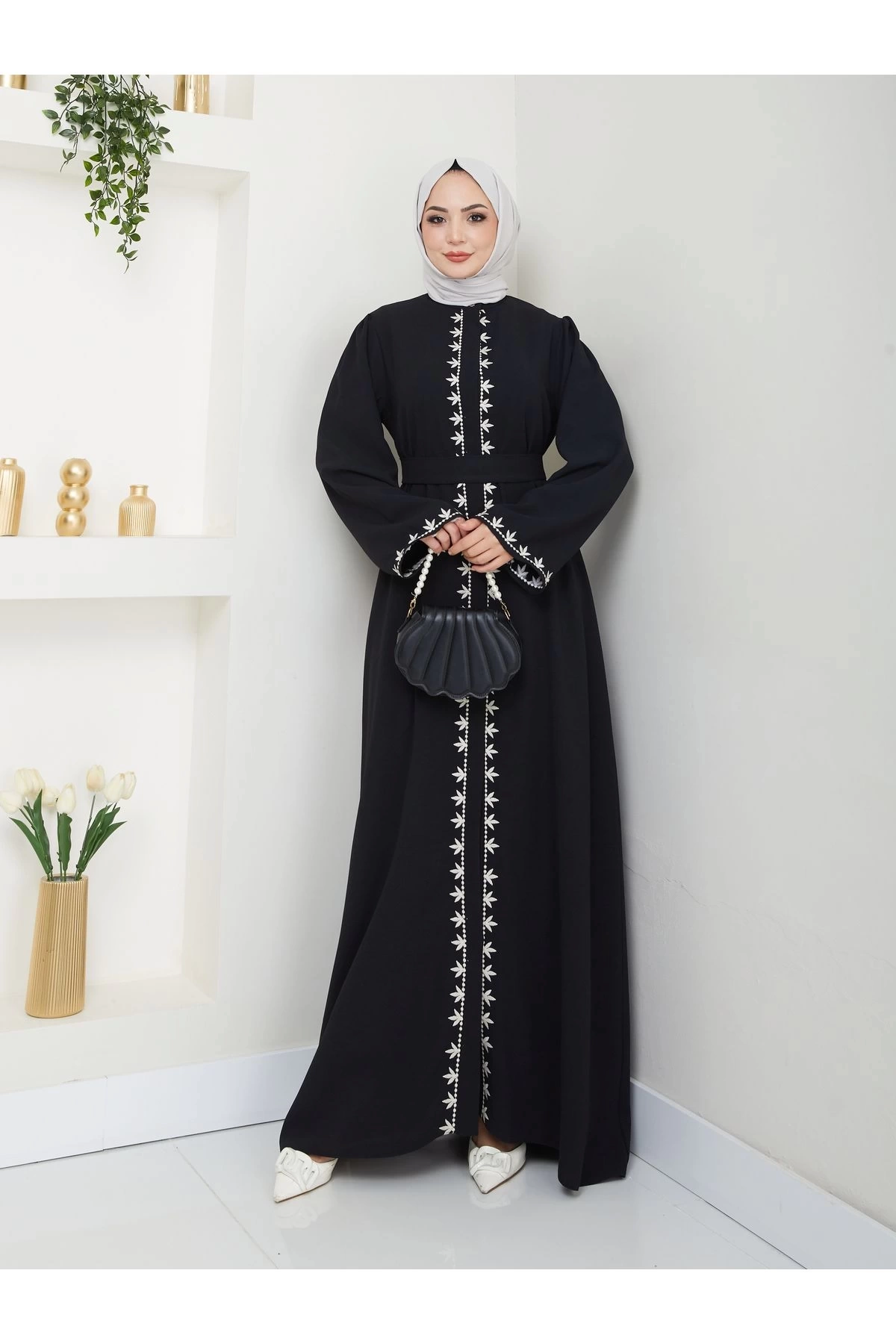 NAKIŞLI ABAYA TESETTÜR GIYIM KADIN FERACE ELBISE SİYAH