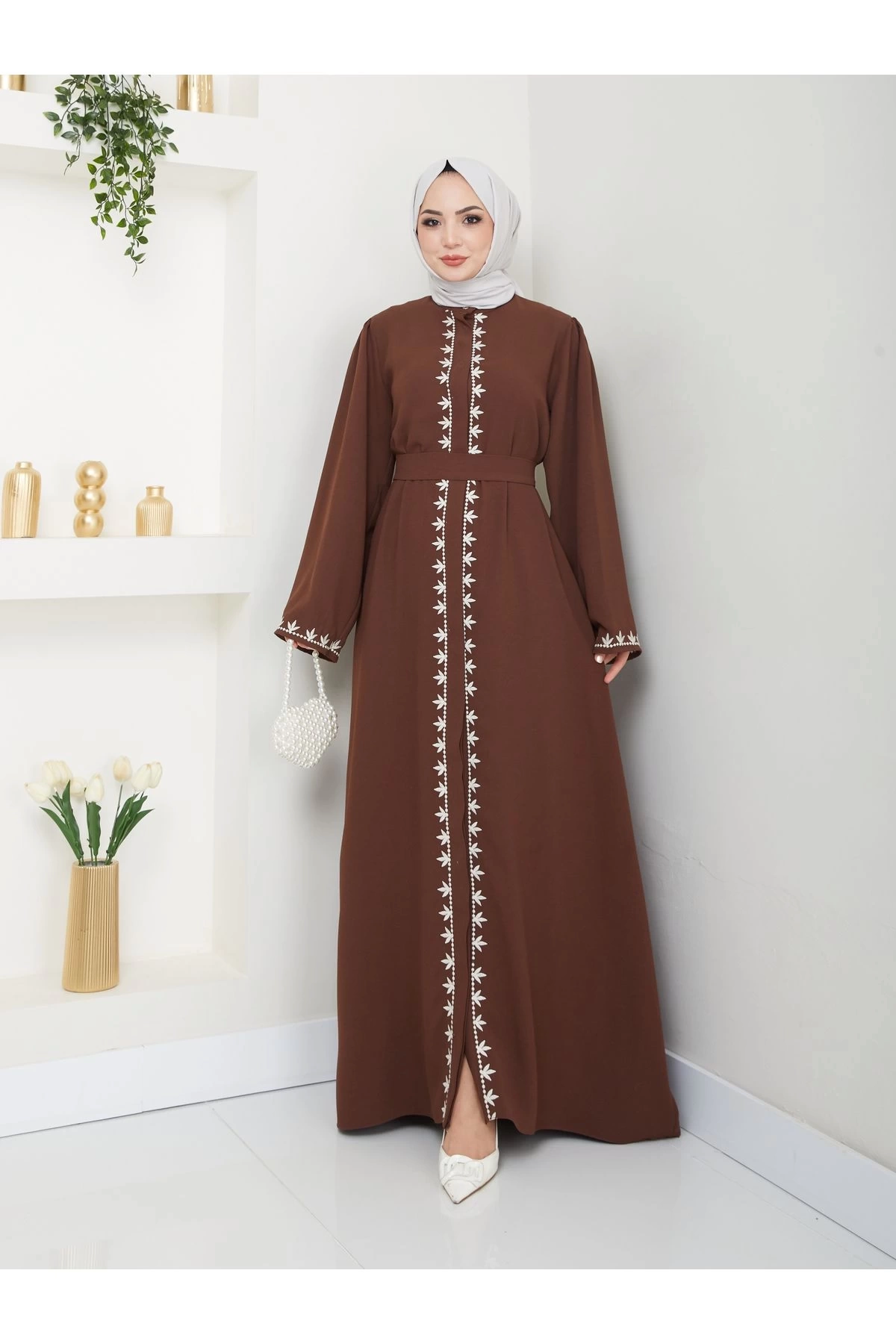 NAKIŞLI ABAYA TESETTÜR GIYIM KADIN FERACE ELBISE KAHVE