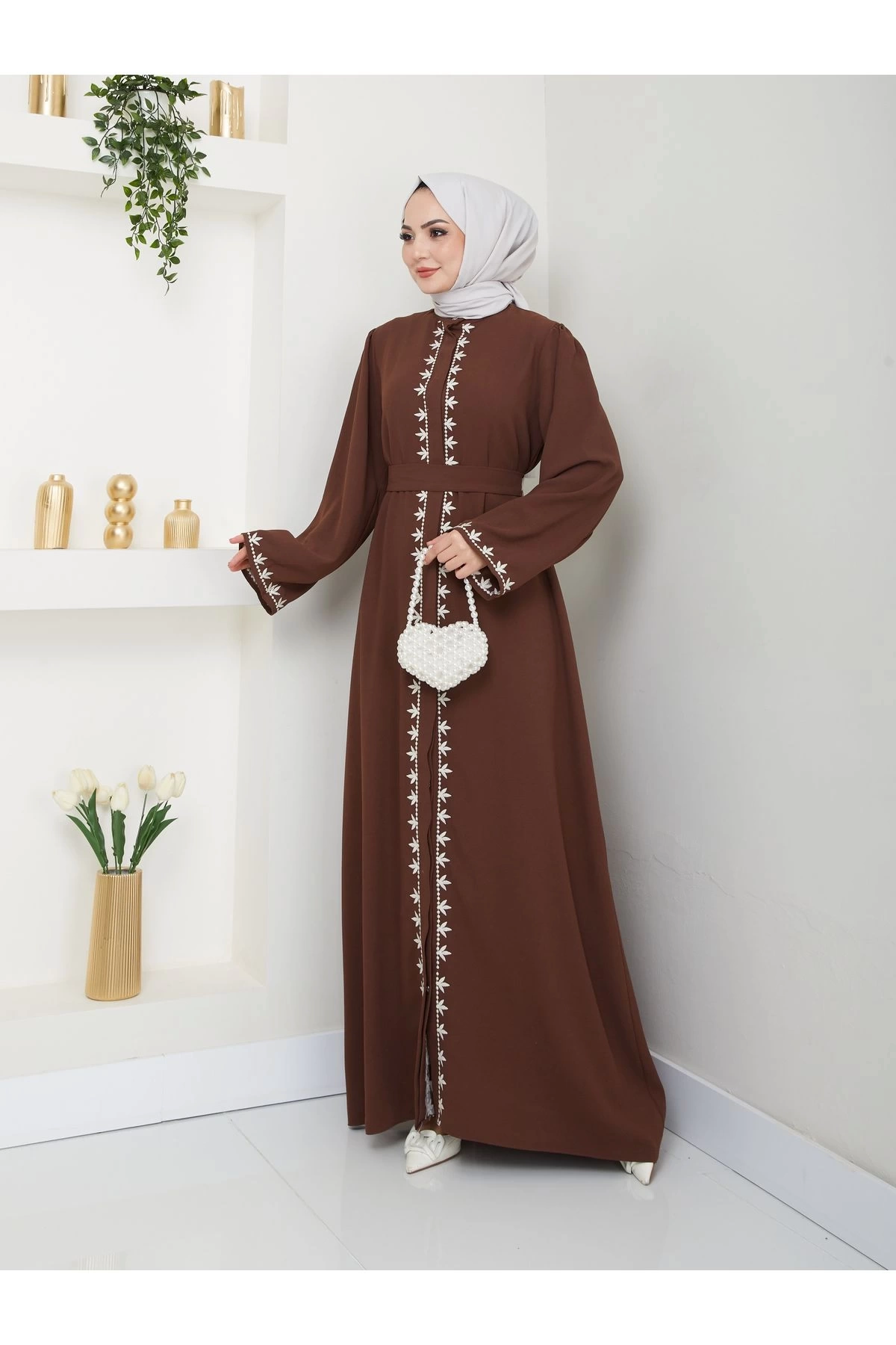 NAKIŞLI ABAYA TESETTÜR GIYIM KADIN FERACE ELBISE KAHVE