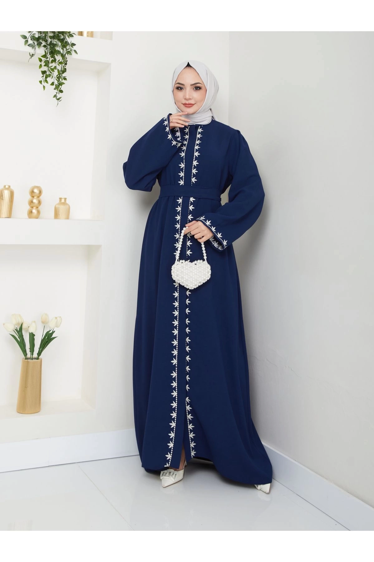 NAKIŞLI ABAYA TESETTÜR GIYIM KADIN FERACE ELBISE LACIVERT