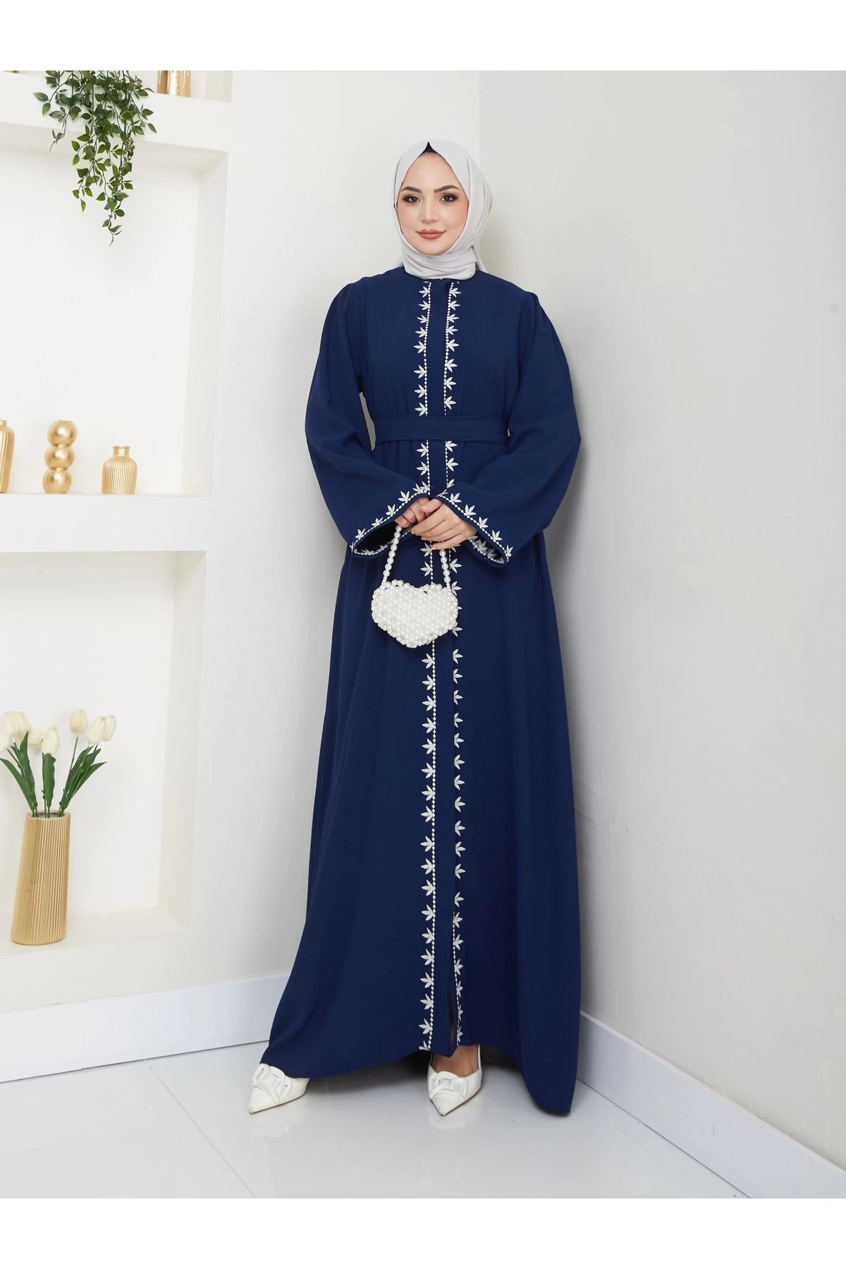 NAKIŞLI ABAYA TESETTÜR GIYIM KADIN FERACE ELBISE LACIVERT