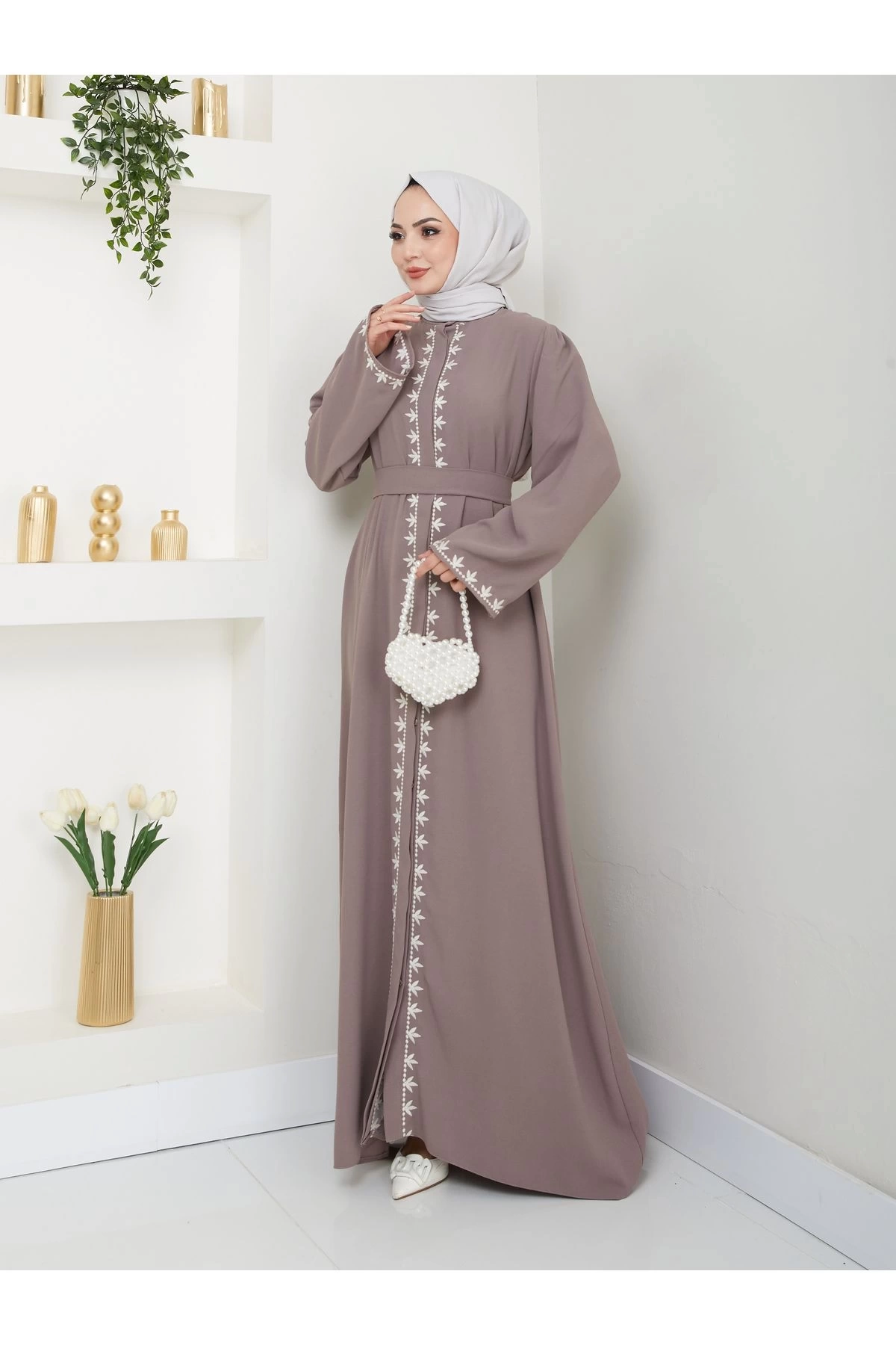 NAKIŞLI ABAYA TESETTÜR GIYIM KADIN FERACE ELBISE VİZON
