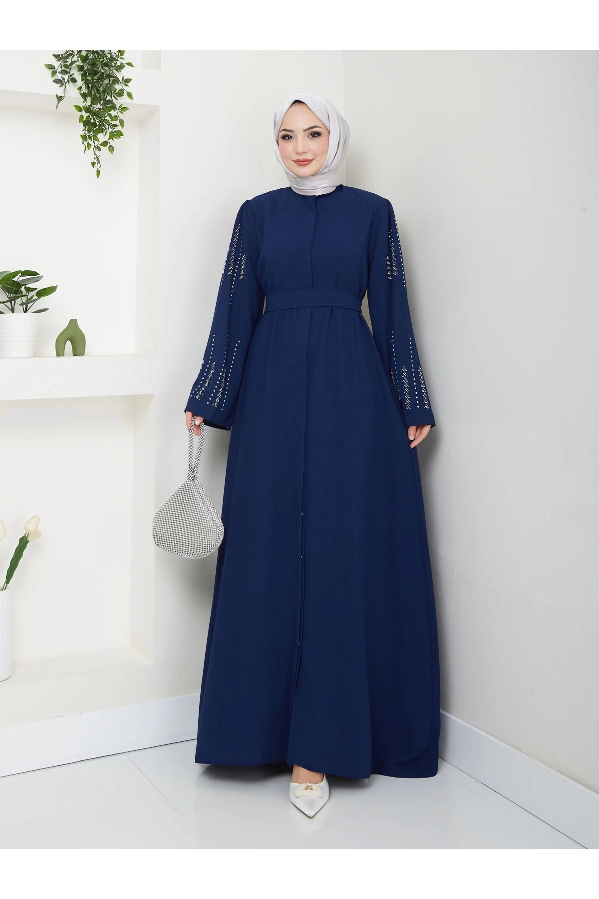NAKIŞLI ABAYA TESETTÜR GIYIM KADIN FERACE ELBISE LACİVERT