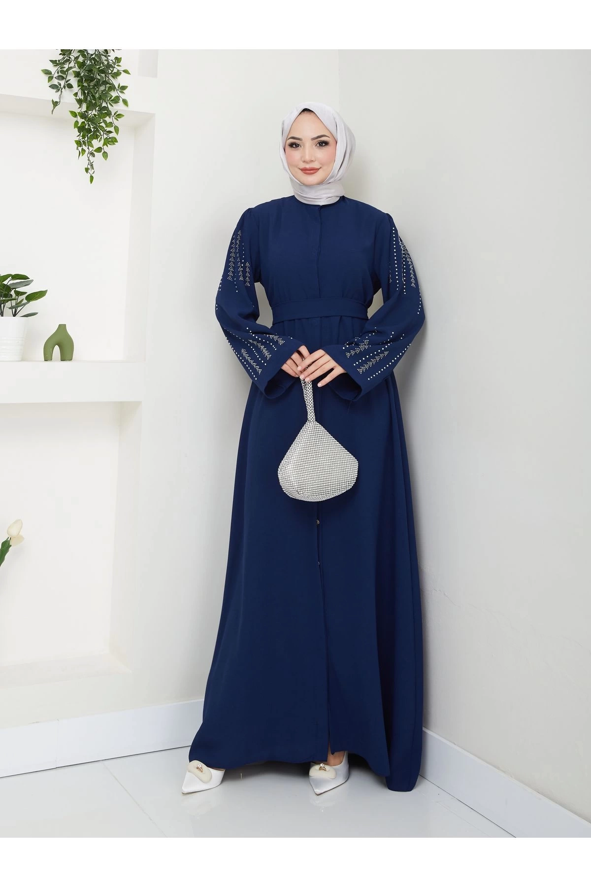 NAKIŞLI ABAYA TESETTÜR GIYIM KADIN FERACE ELBISE LACİVERT