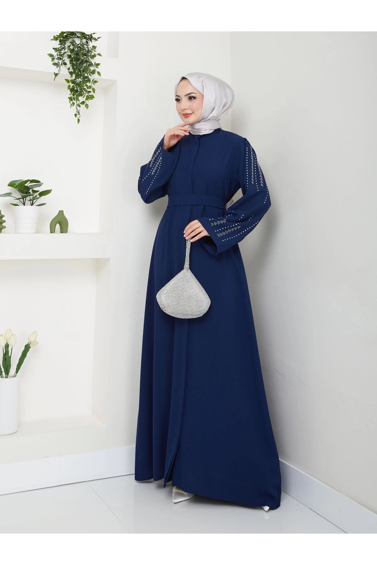 NAKIŞLI ABAYA TESETTÜR GIYIM KADIN FERACE ELBISE LACİVERT