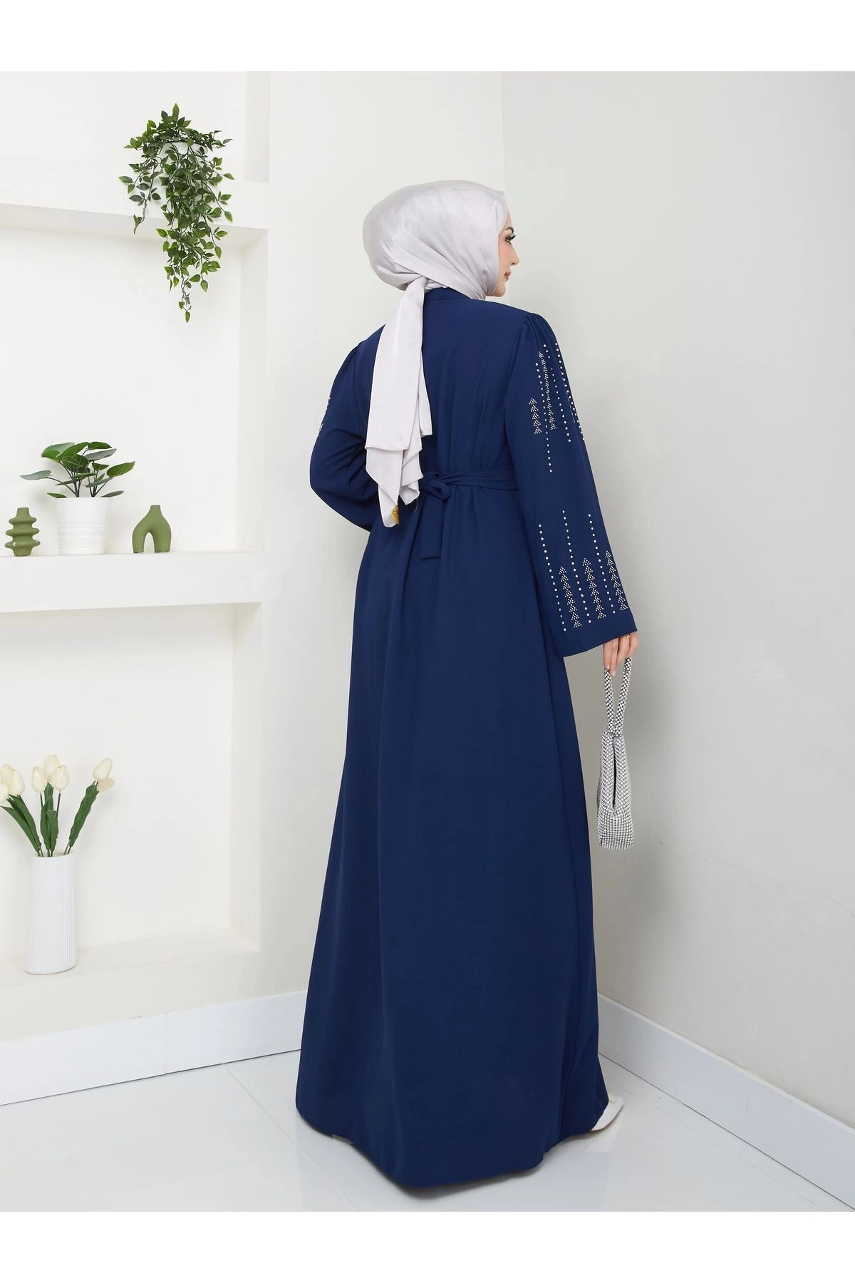 NAKIŞLI ABAYA TESETTÜR GIYIM KADIN FERACE ELBISE LACİVERT