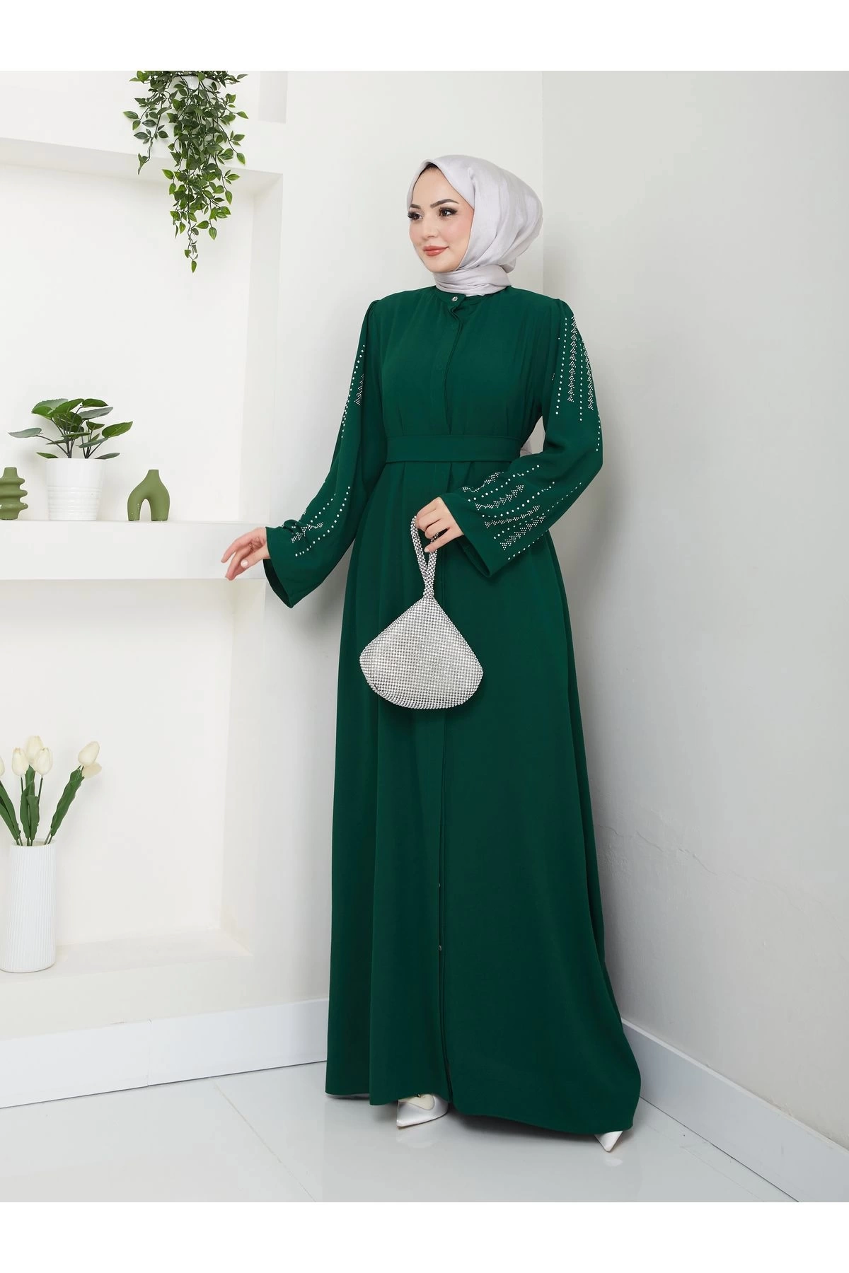 NAKIŞLI ABAYA TESETTÜR GIYIM KADIN FERACE ELBISE ZÜMRÜT