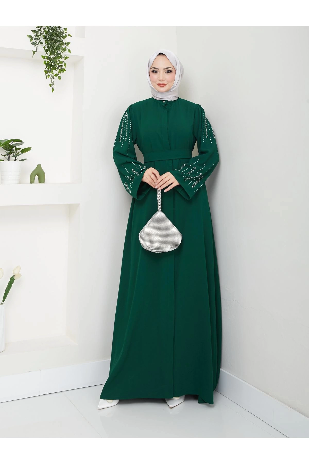 NAKIŞLI ABAYA TESETTÜR GIYIM KADIN FERACE ELBISE ZÜMRÜT