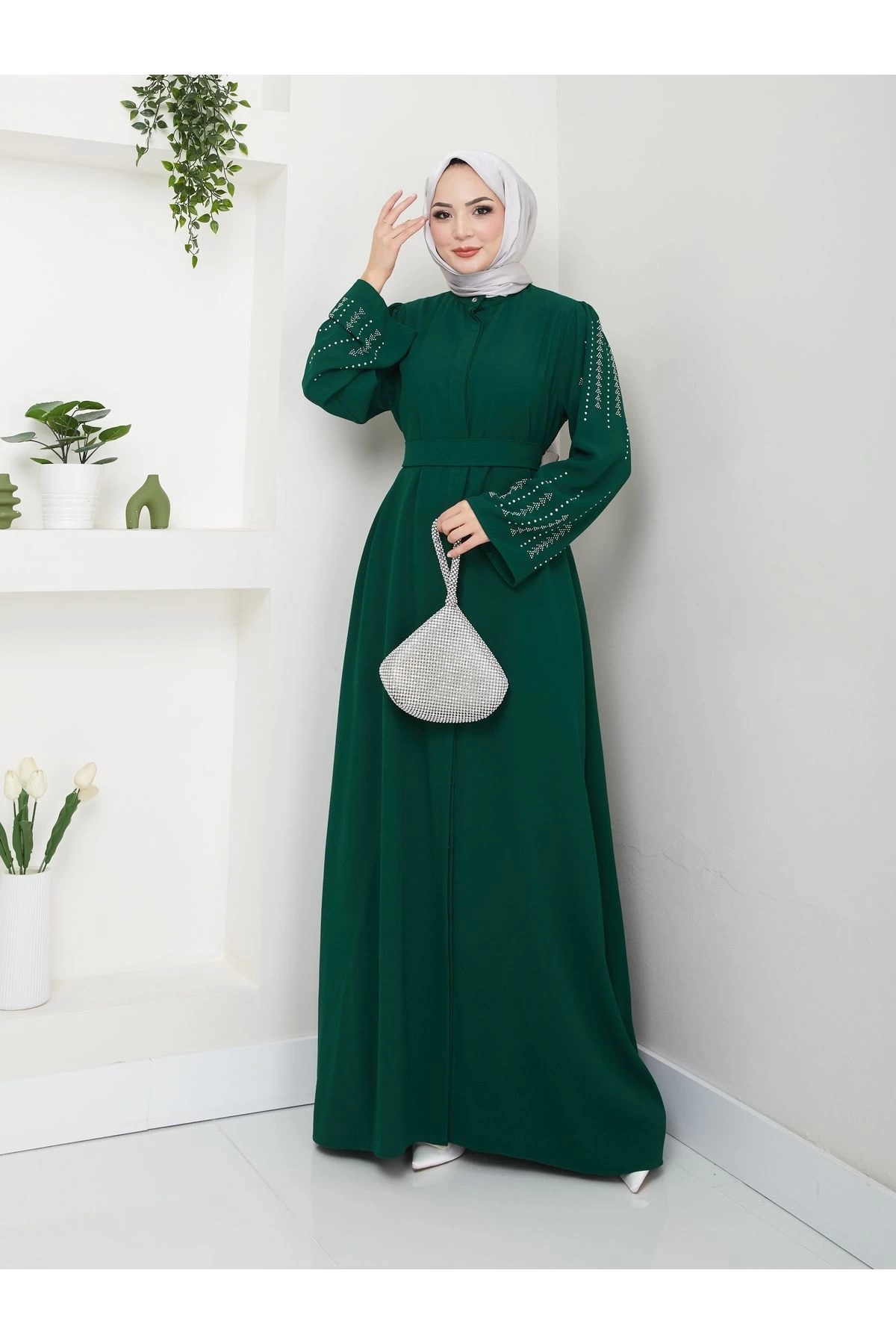 NAKIŞLI ABAYA TESETTÜR GIYIM KADIN FERACE ELBISE ZÜMRÜT