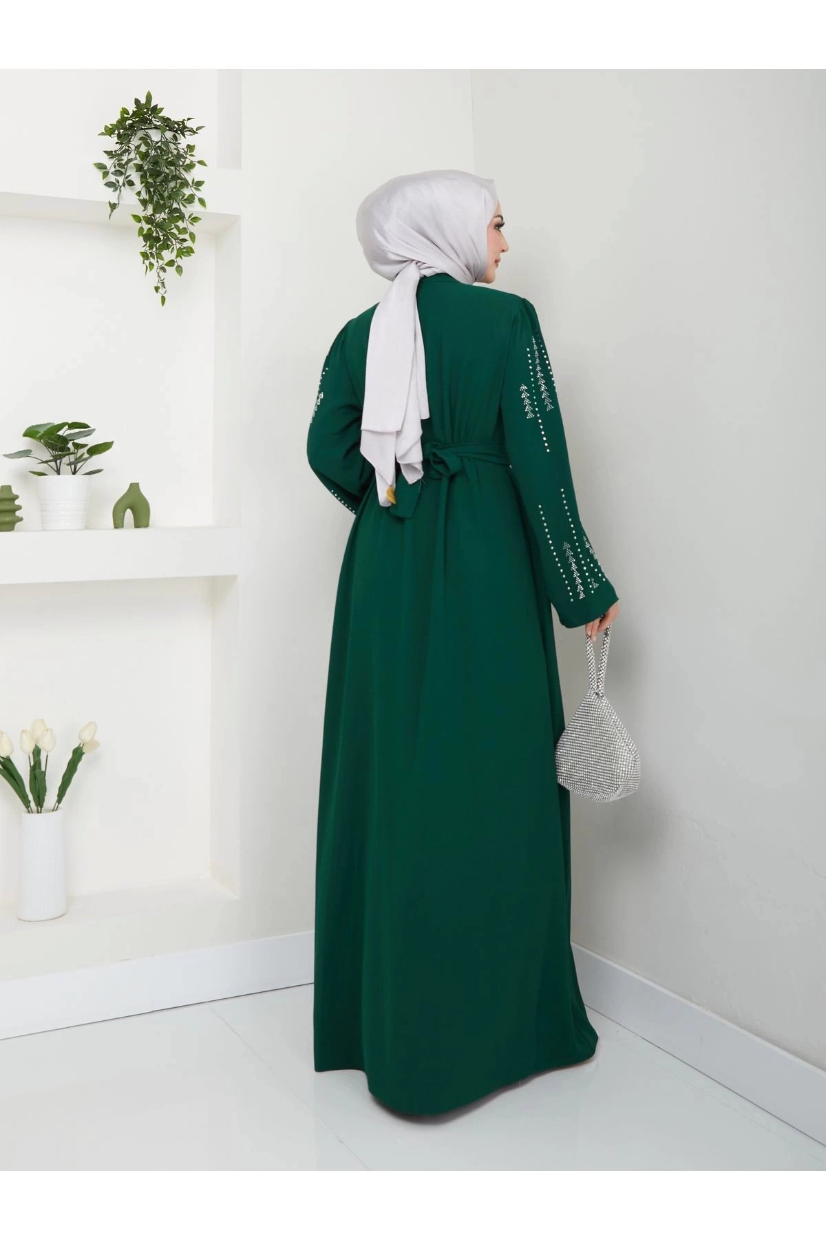 NAKIŞLI ABAYA TESETTÜR GIYIM KADIN FERACE ELBISE ZÜMRÜT