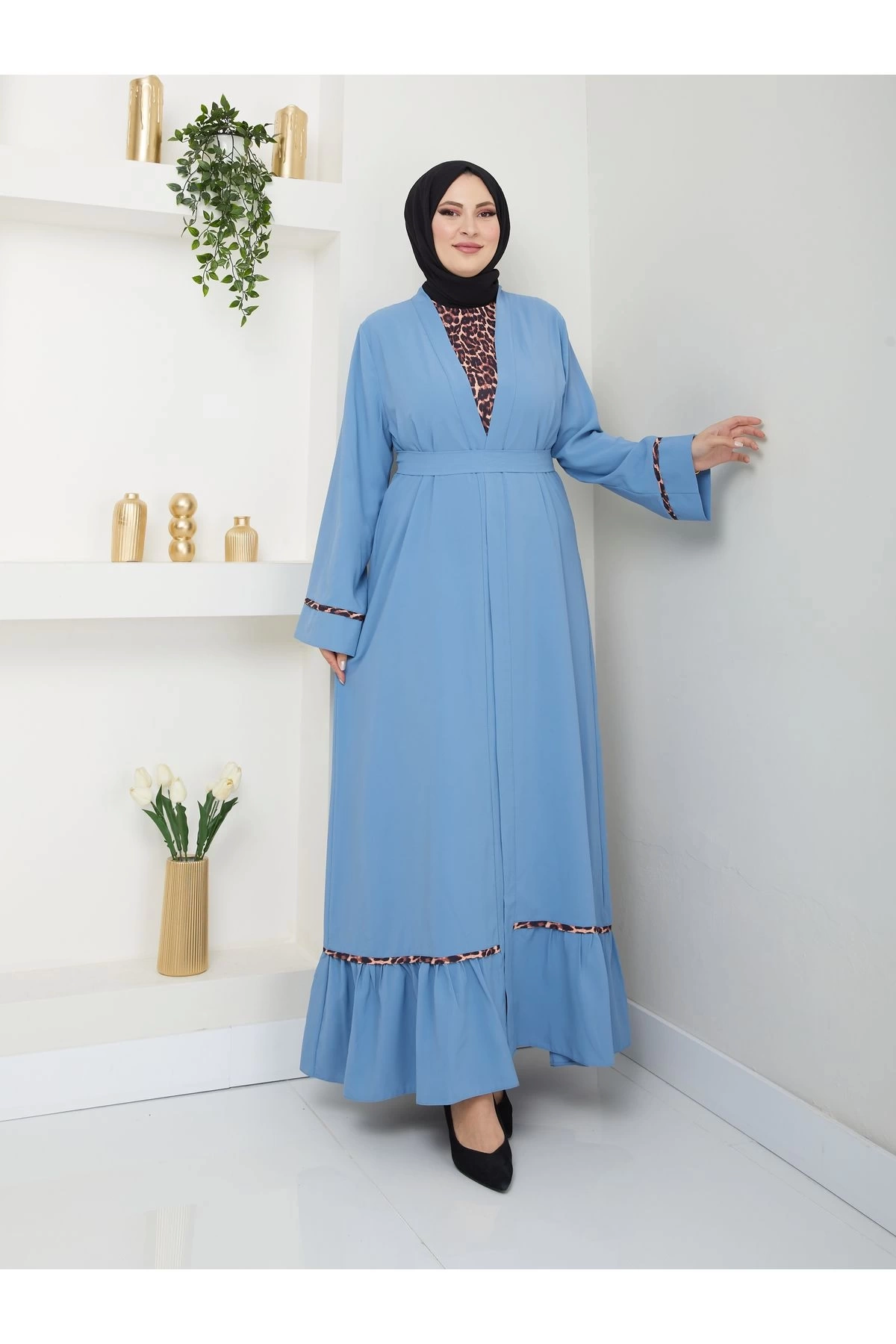 KADIN TESETTÜR LEOPAR ELBİSE İKİLİ ABAYA TAKIM MAVİ