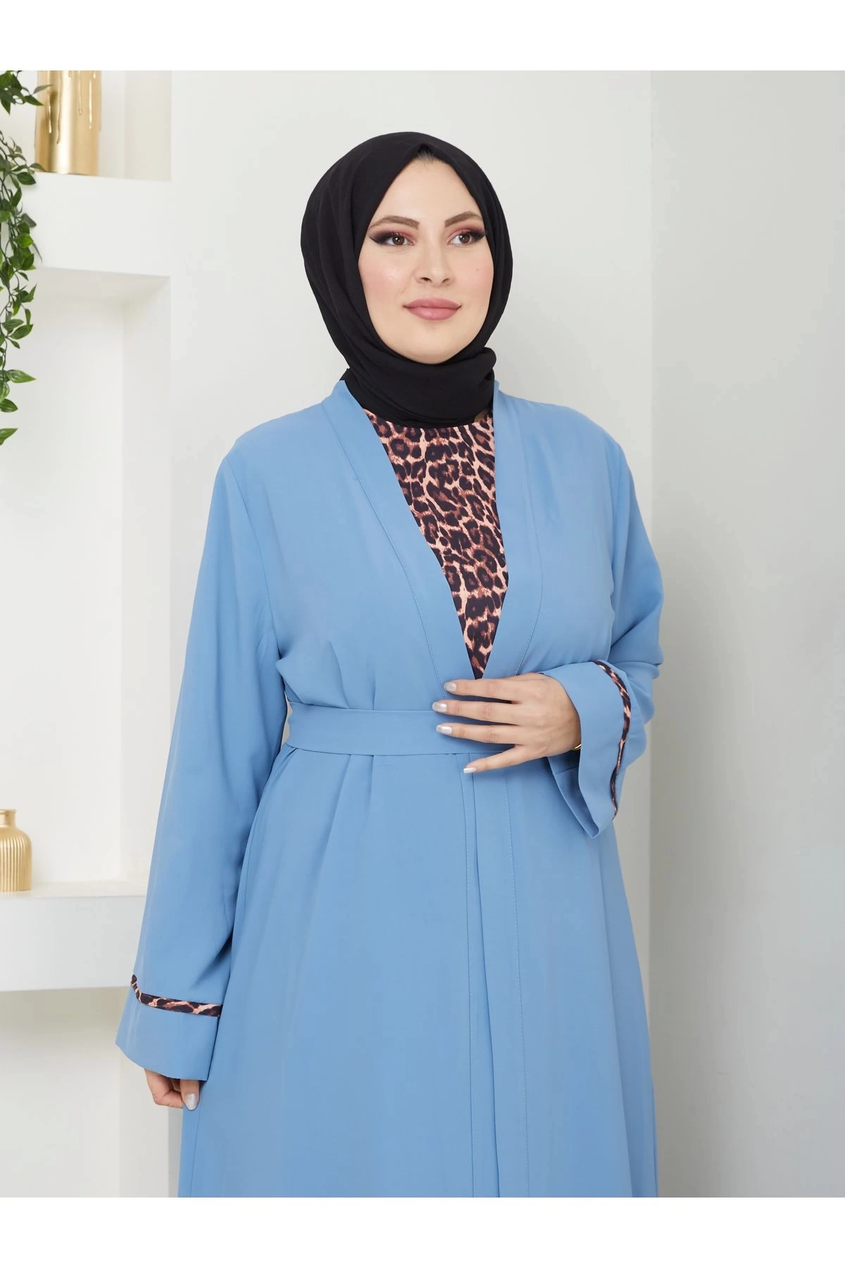 KADIN TESETTÜR LEOPAR ELBİSE İKİLİ ABAYA TAKIM MAVİ