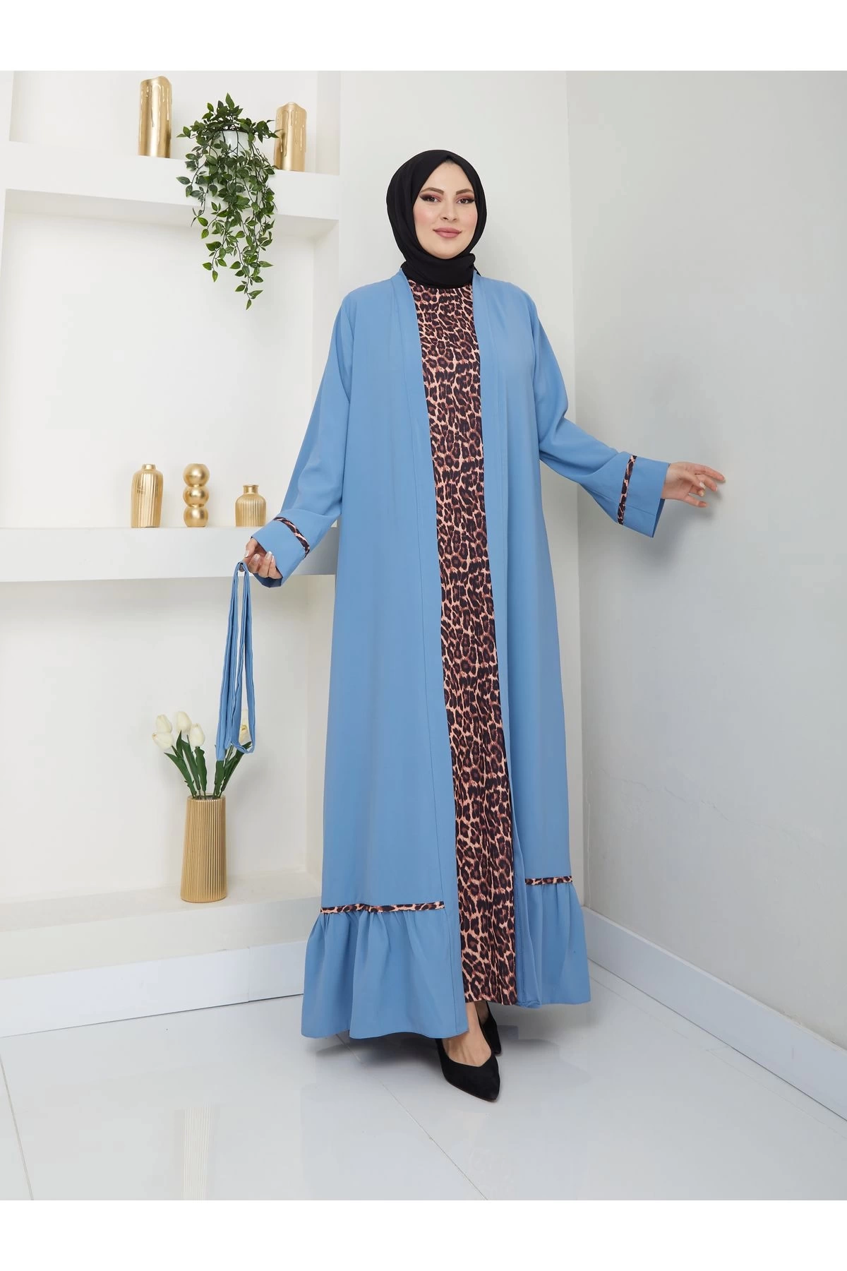 KADIN TESETTÜR LEOPAR ELBİSE İKİLİ ABAYA TAKIM MAVİ