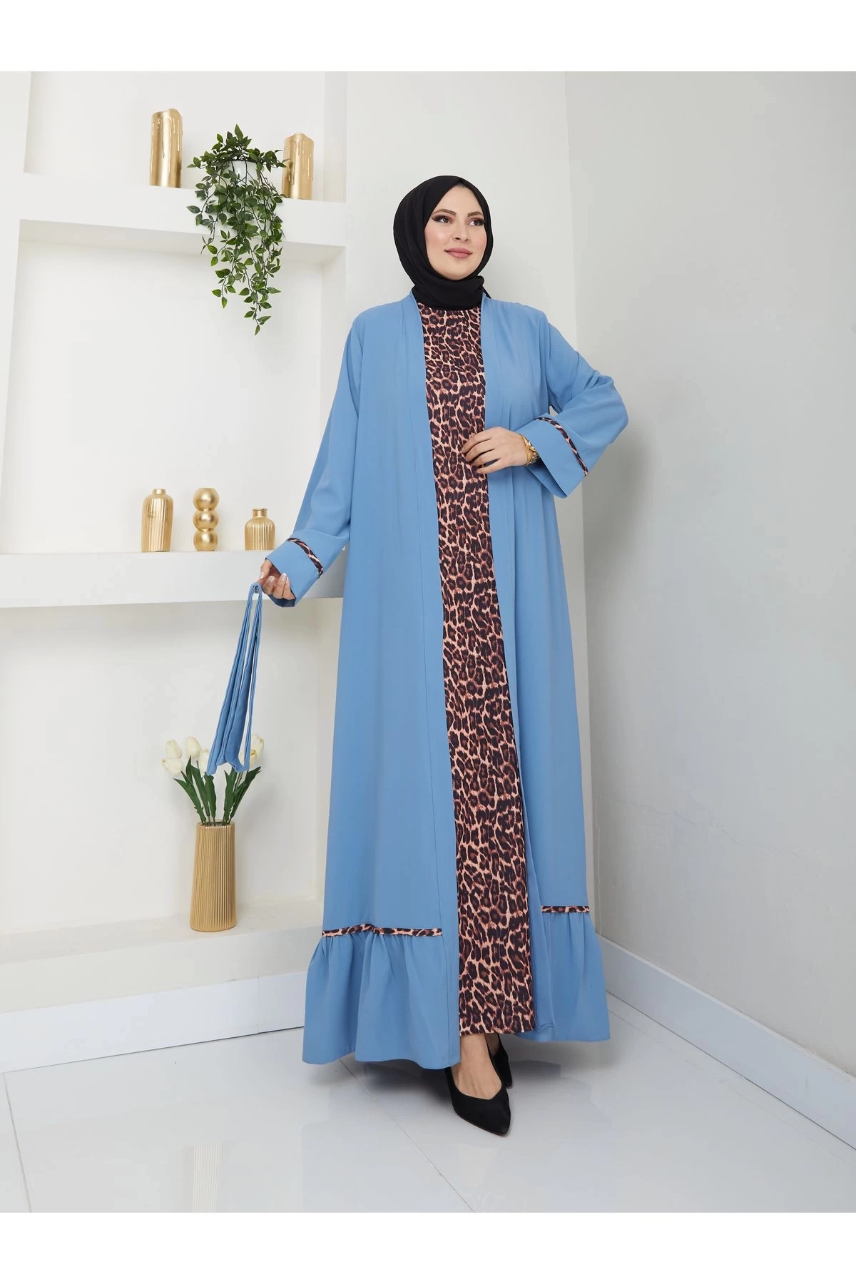 KADIN TESETTÜR LEOPAR ELBİSE İKİLİ ABAYA TAKIM MAVİ