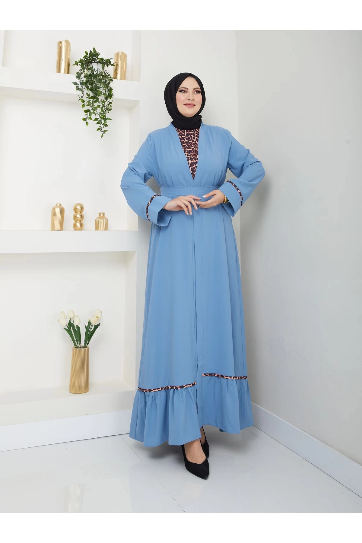 KADIN TESETTÜR LEOPAR ELBİSE İKİLİ ABAYA TAKIM MAVİ