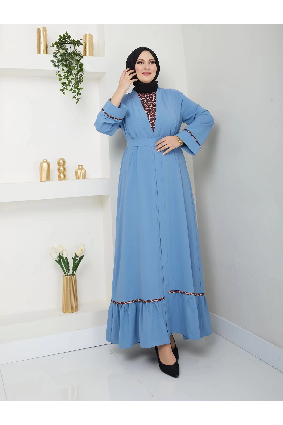 KADIN TESETTÜR LEOPAR ELBİSE İKİLİ ABAYA TAKIM MAVİ
