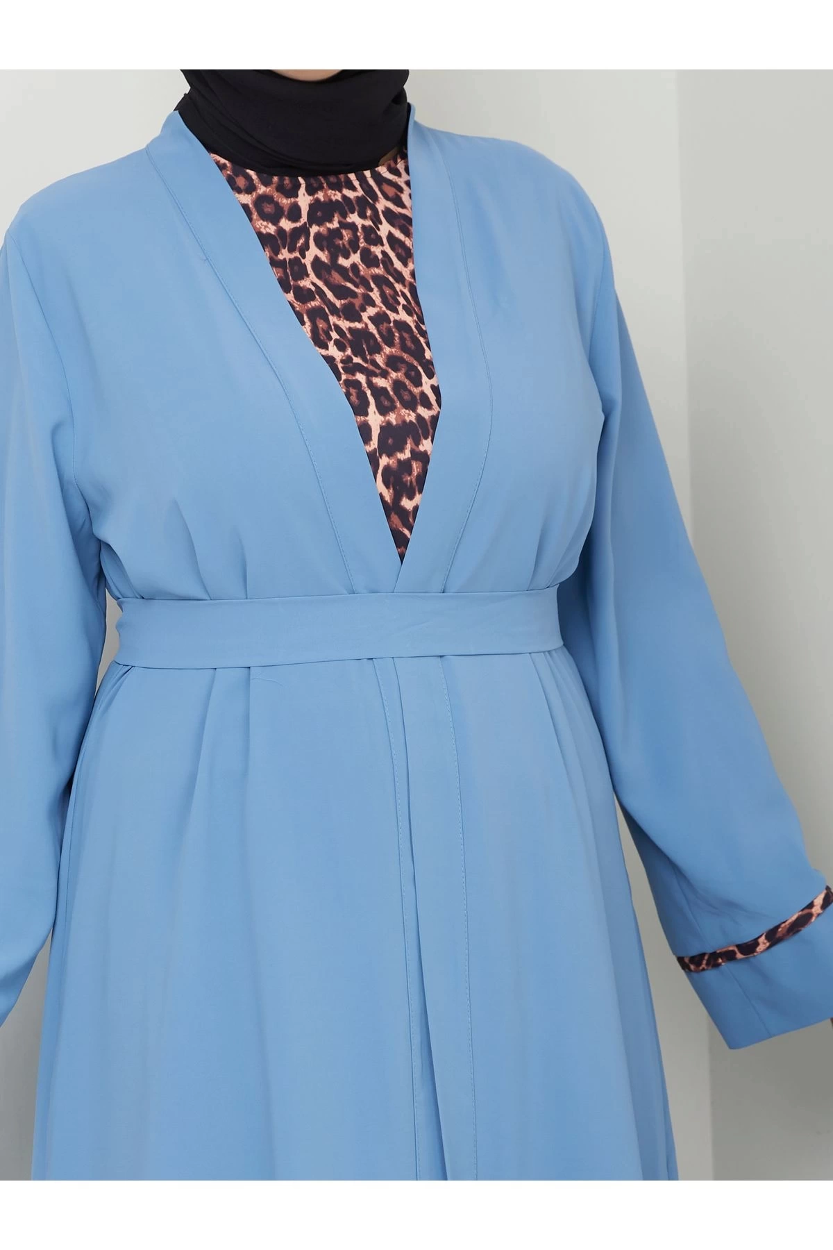 KADIN TESETTÜR LEOPAR ELBİSE İKİLİ ABAYA TAKIM MAVİ