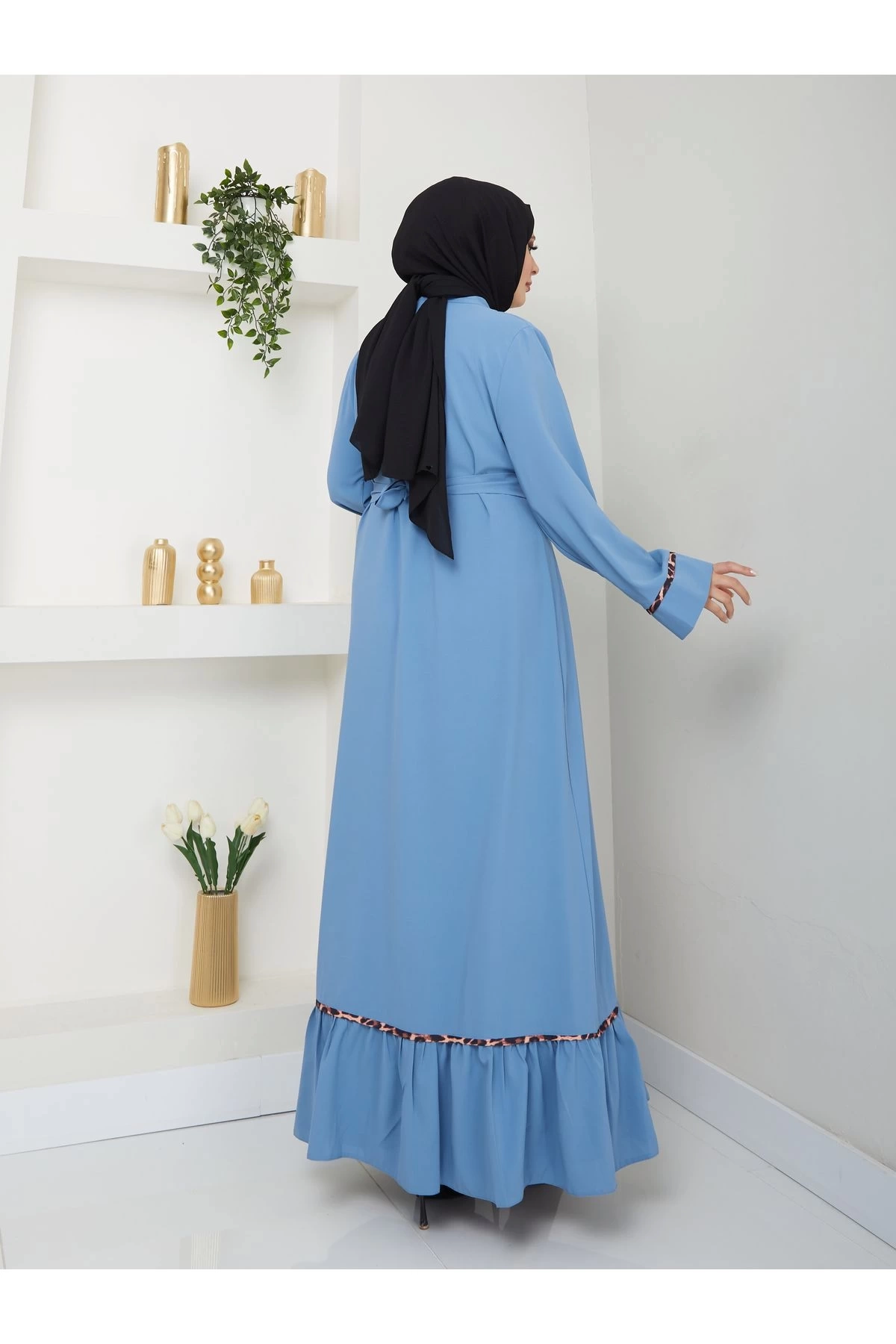 KADIN TESETTÜR LEOPAR ELBİSE İKİLİ ABAYA TAKIM MAVİ