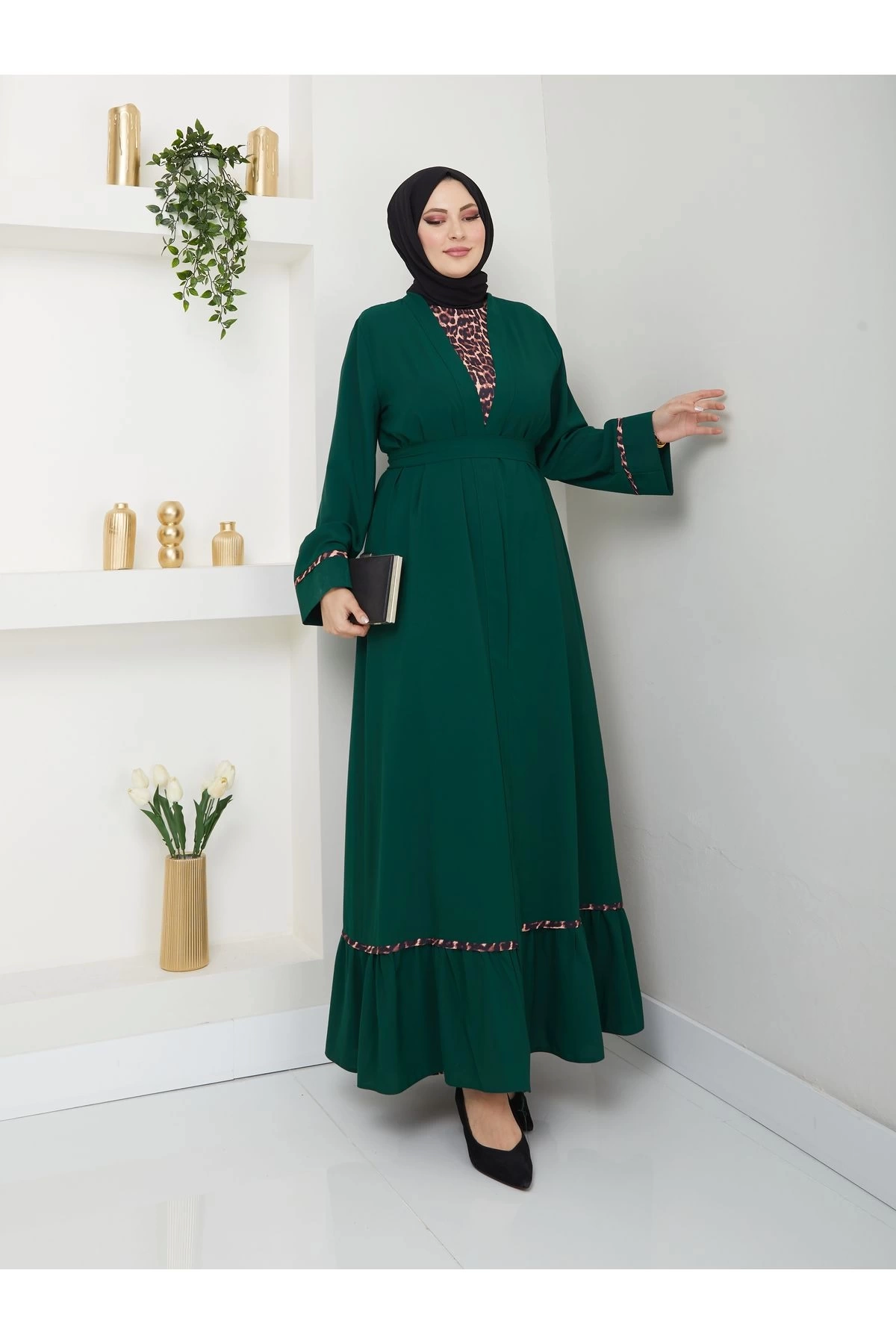 KADIN TESETTÜR LEOPAR ELBİSE İKİLİ ABAYA TAKIM ZÜMRÜT